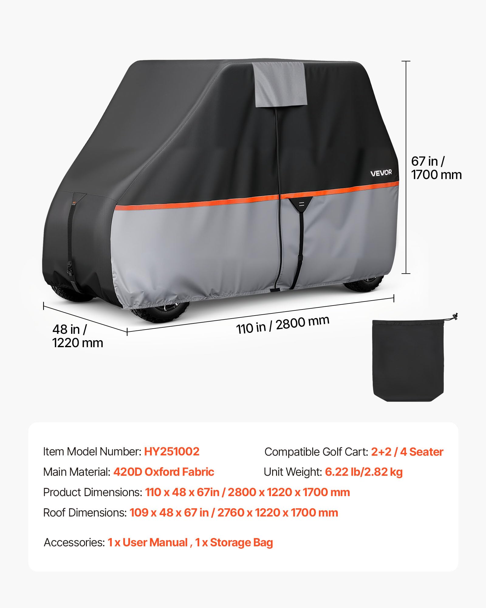 VEVOR Copertura di Protezione da Esterno per Carrello da Golf Copertura Completa con Tessuto Oxford 420D Impermeabile per Golf Cart da 2 o 4 Posti Compatibile con Yamaha EZGO Club Car Honda