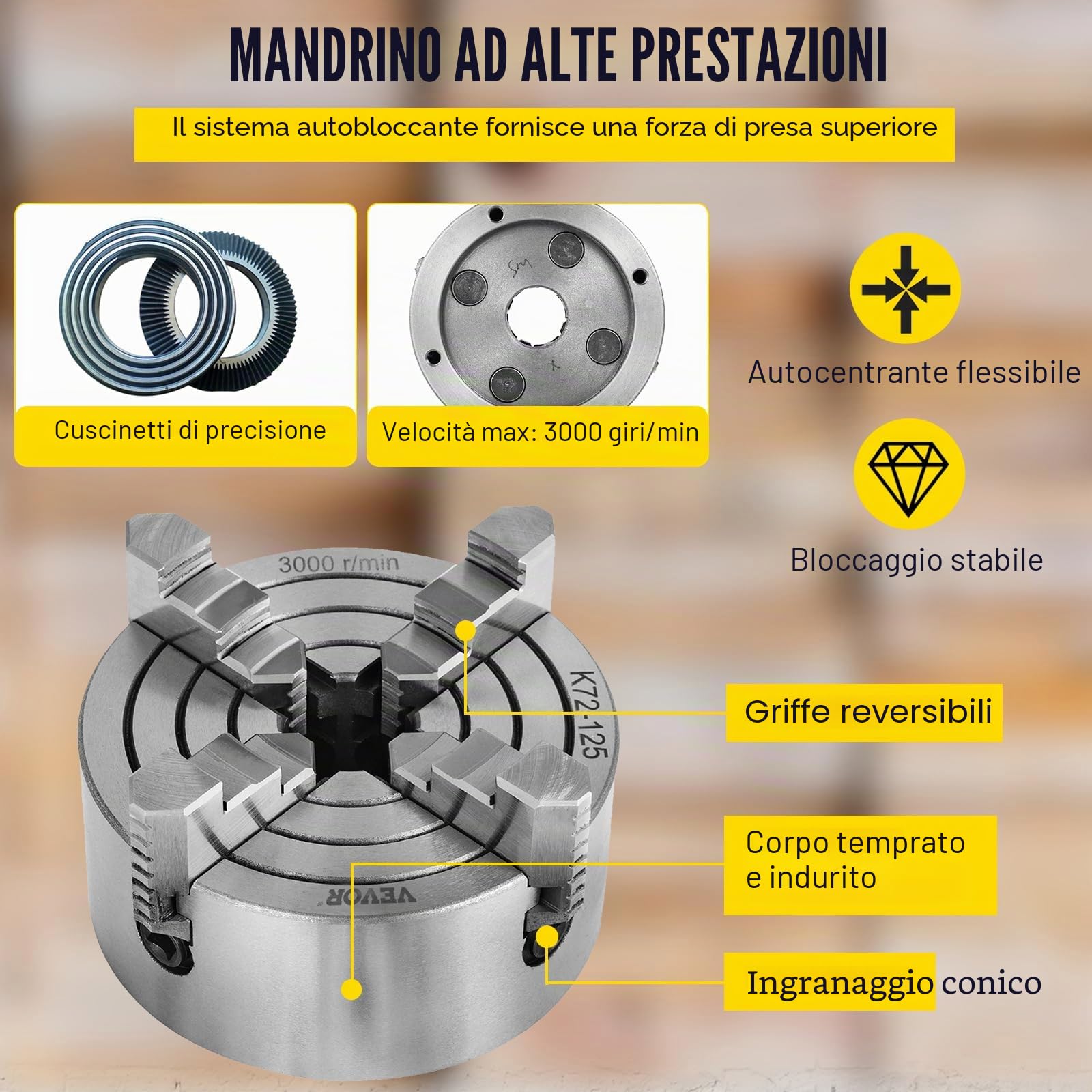 Mophorn Mandrino per Tornio Indipendente a 4 Griffe K72-125 - 5 Pollici 125 mm - Mandibola Reversibile per Metallo - Accessori per Macchina