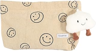 Smile Printing Corduroy Toiletry Bag Cosmetic Bag Corduroy Cosmetic Bags Travel Makeup Pouch Mini Cosmetic Bag with Smile Pendant Makeup Bag for Women Girl