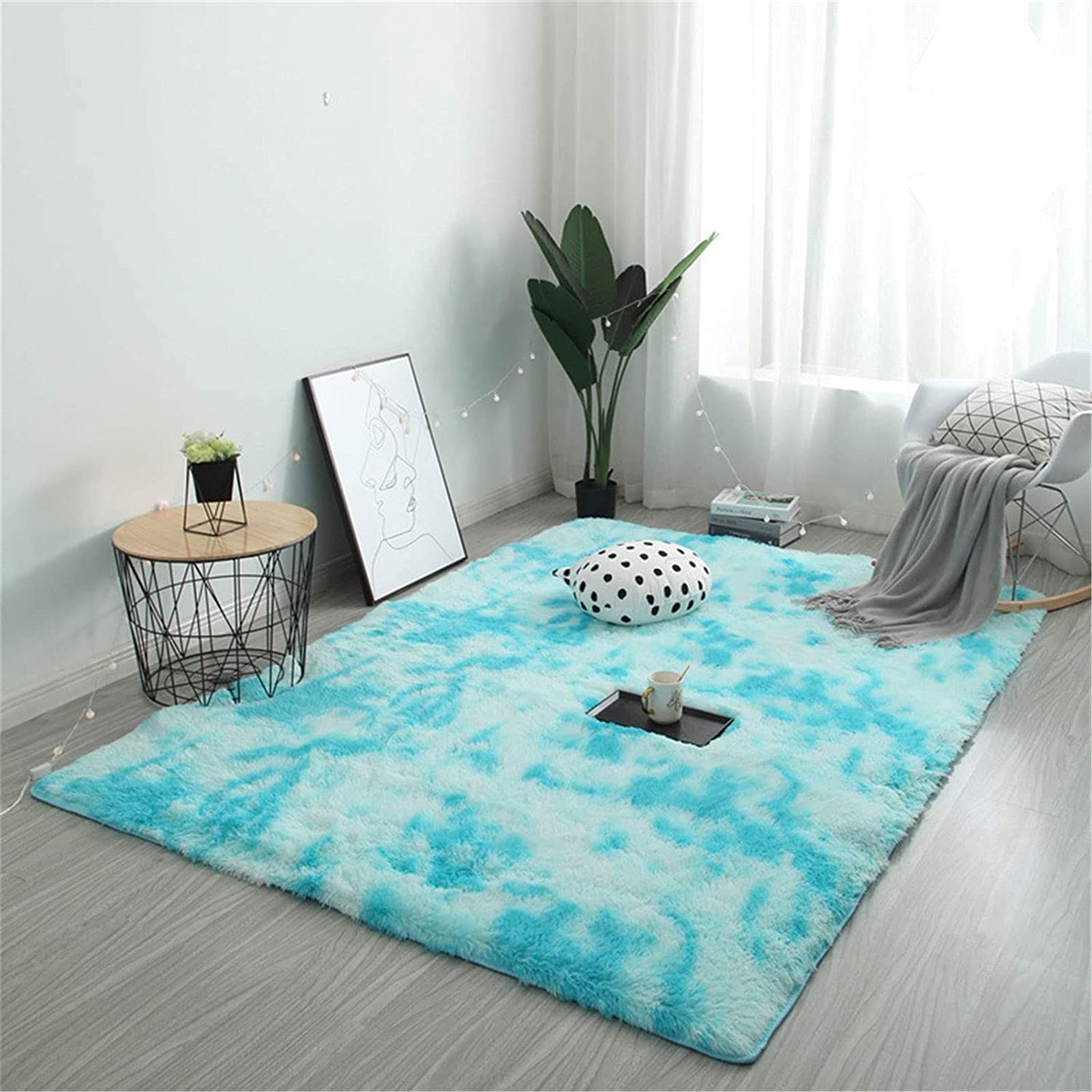 Tapis antidérapant doux poils longs bleu 120x220 de décoration