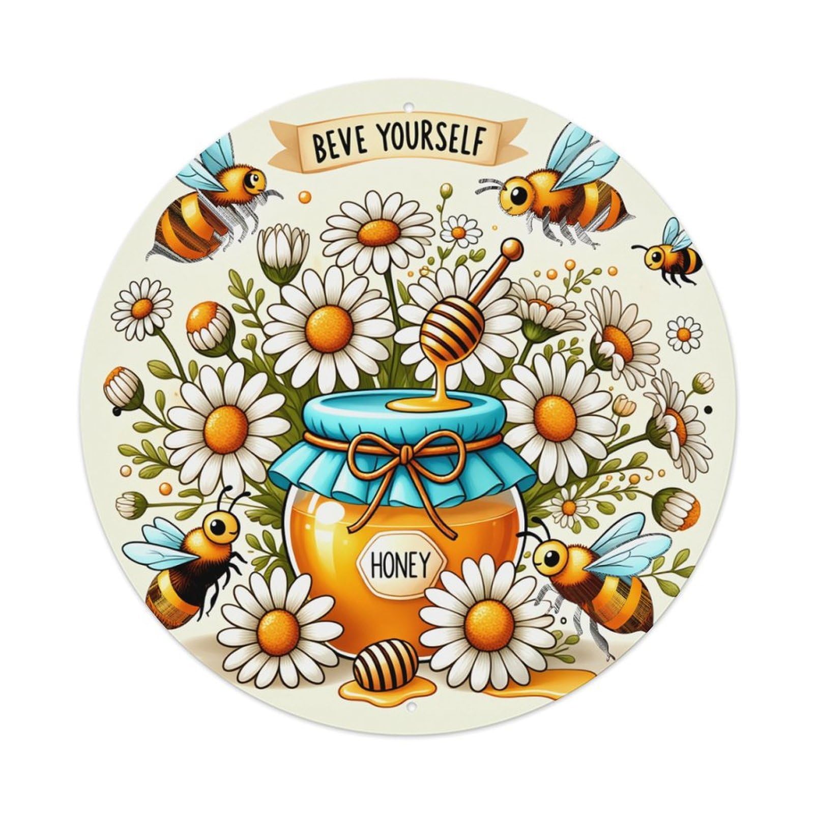 Bee Honey Daisy Jar Bees Round Tin Sign Retro Metal Sign for Cafe Bar Pub Home Game Room Gym Club Wall Decoration Vintage Metal Poster 8x8 Inch