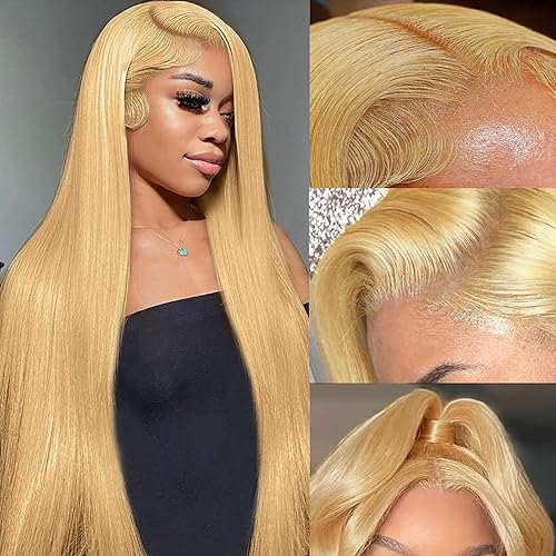 Honey Blonde Wig Human Hair 28 inch 13x6 Lace Front Wigs Human Hair 180% Density Straight HD Blonde Lace Front Wigs Human Hair 27# Colored Glueless Wigs Human Hair Pre Plcuked With Baby Hair