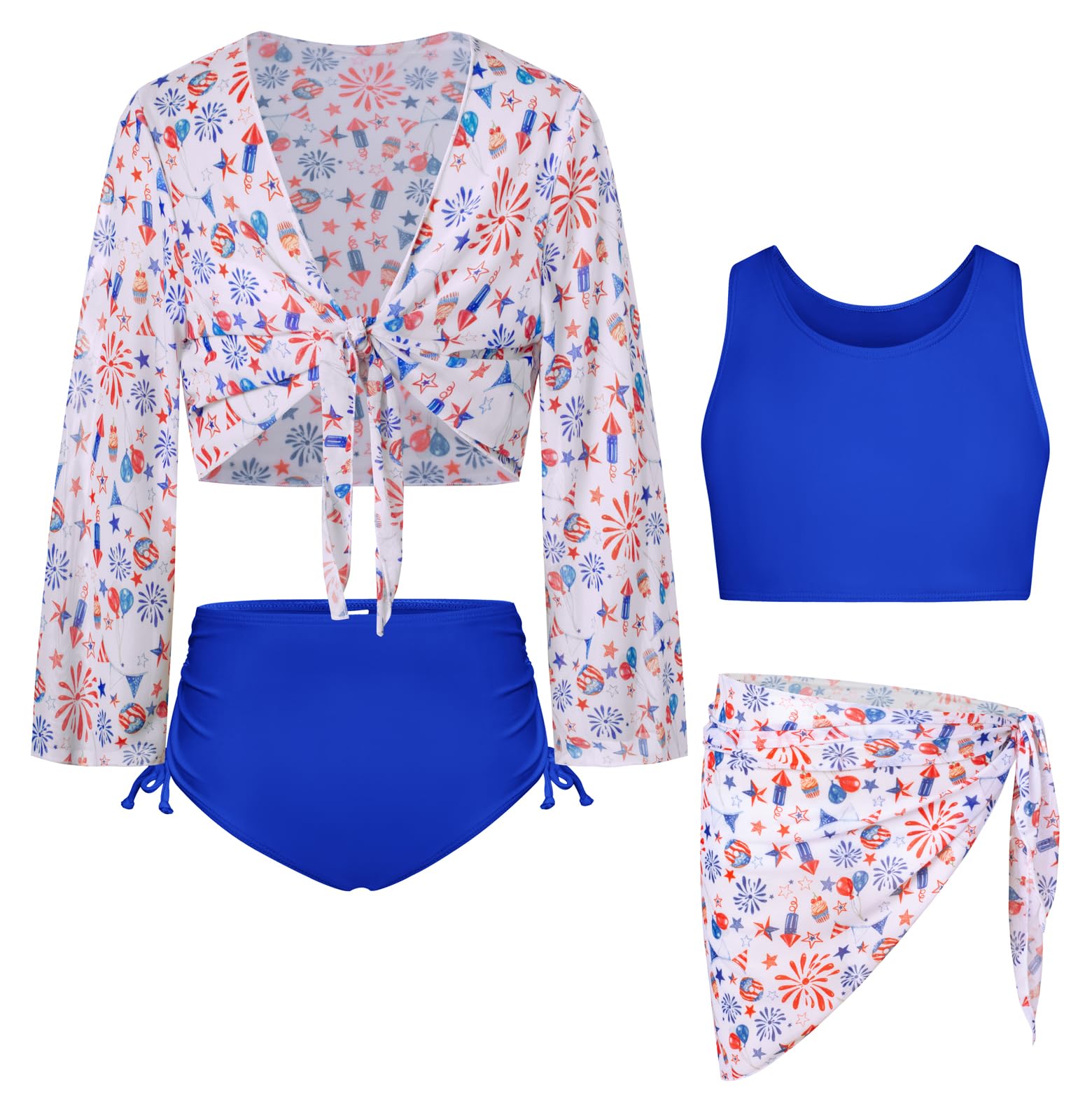 GRACE KARIN Mädchen Badeanzug Vierteiliges Set Bikini Set zum Binden Vorne Tankini Badeanzug Schwimmanzug