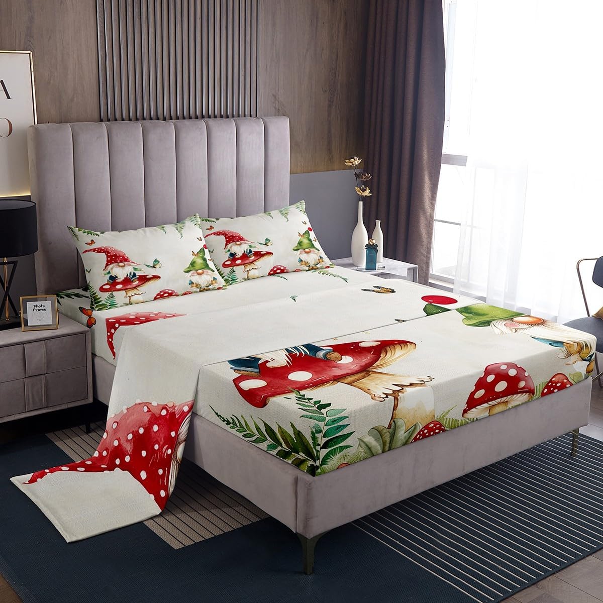 Spring Gnome Bed Sheets Queen Size,Girls Tulips Floral Sheet Set,Kids Garden Butterfly Blossoms Fitted Sheet Bedroom Home Dorm Decor,Hello Spring Flat Sheet + Soft Fitted Sheet + 2 Pillow Covers