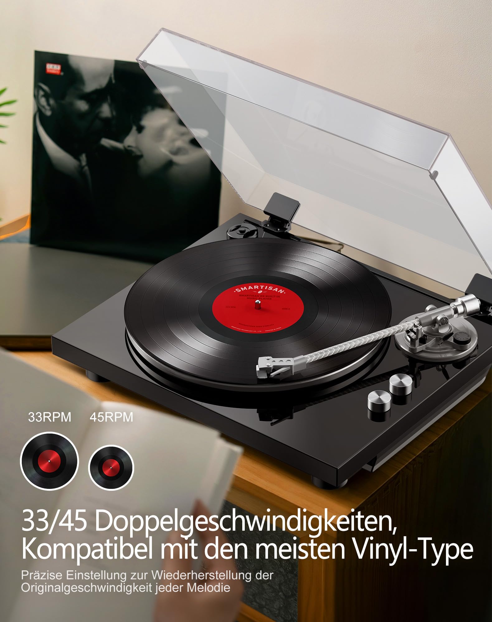 Bluetooth Plattenspieler mit AT-3600L-Stift, Einstellbarer Geschwindigkeit (33 und 45 U/min) – Anti-Skate-Steuerung und Tonhöhenregelung für ausgewogenen, detailreichen Sound-Glanzschwarz