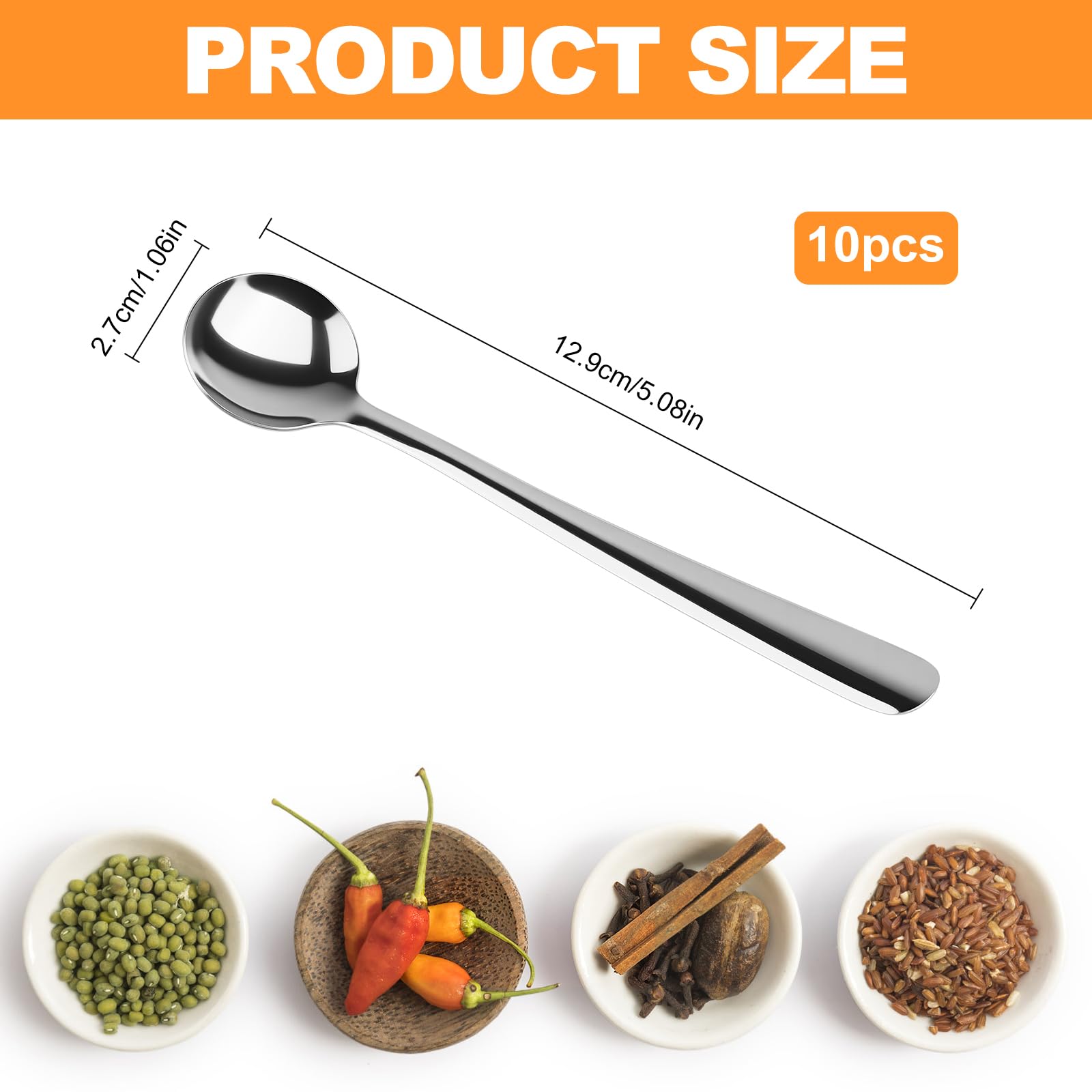 10PCS Tiny Stainless Steel Spoons for Spices, Tiny Spoons for Spice Mini Spoons Metal Small Stainless Steel Condiment Spoon for Spices, Salt, Sugar, Pepper, Honey, Dessert