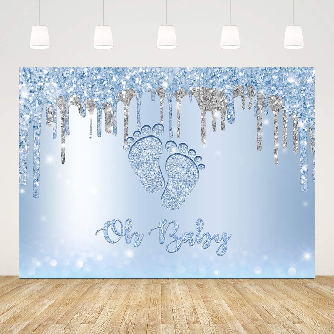 7x5ft Oh Baby Shower Backdrop for Photography - Blue Glitter Background for Boy's 1st Birthday Party - Little Feet Decor - It's A Boy Banner Photo Props