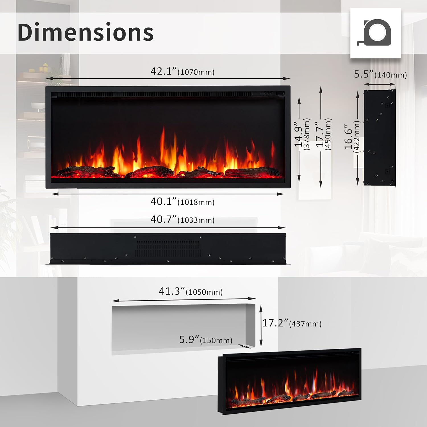 PuraFlame Herman 42 Inch Smart Linear Electric Fireplace - Premium Flame with 9 Colors, Clean Design, Recessed in-Wall or Wall-Mount or Free Standing, Compatible with Alexa and Google Assistant