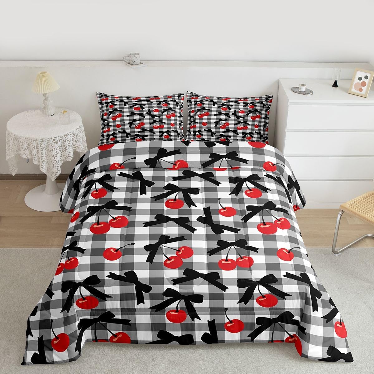 Erosebridal Cherry Bow Comforter Set Twin Size Coquette Black Bow Bedding Set for Kids Teen Girls Women Bedroom Black White Lattice Plaid Comforter Modern Fashion Aesthetic Quilt Duvet image 5