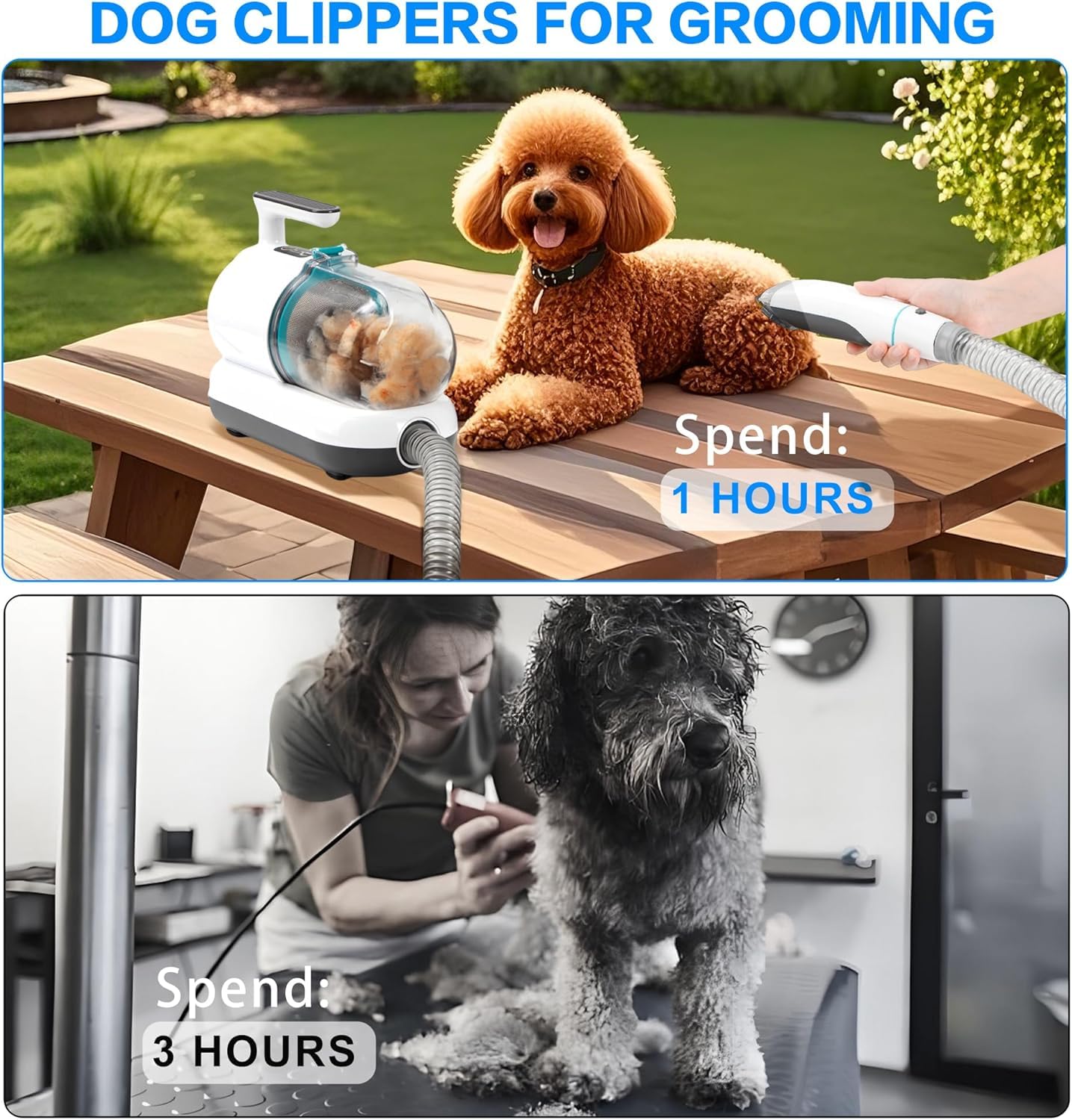Kit de toilettage pour chien avec aspirateur, 15 kPa 1,5 L, tondeuse pour chat, aspiration 99 % des poils d'animaux, kit de toilettage professionnel pour animaux de compagnie avec 7 outils éprouvés