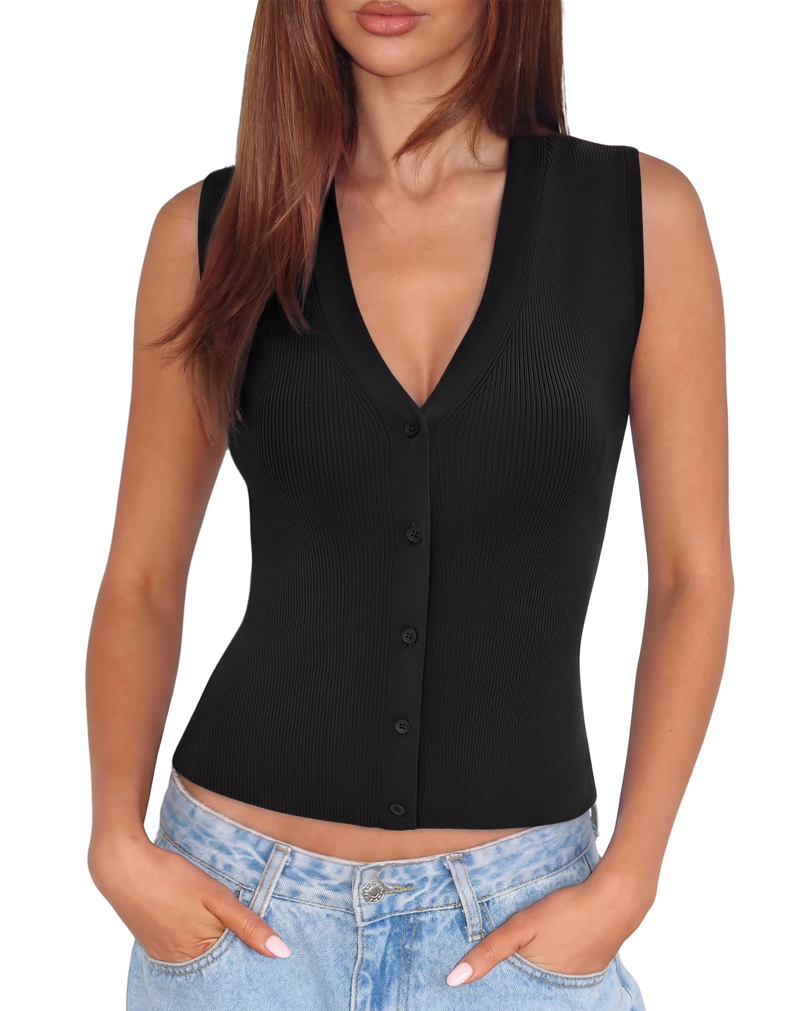 Women Sleeveless Sweater Tops Summer V Neck Button Down Vest Tops Business Casual Work Shirts-image-11
