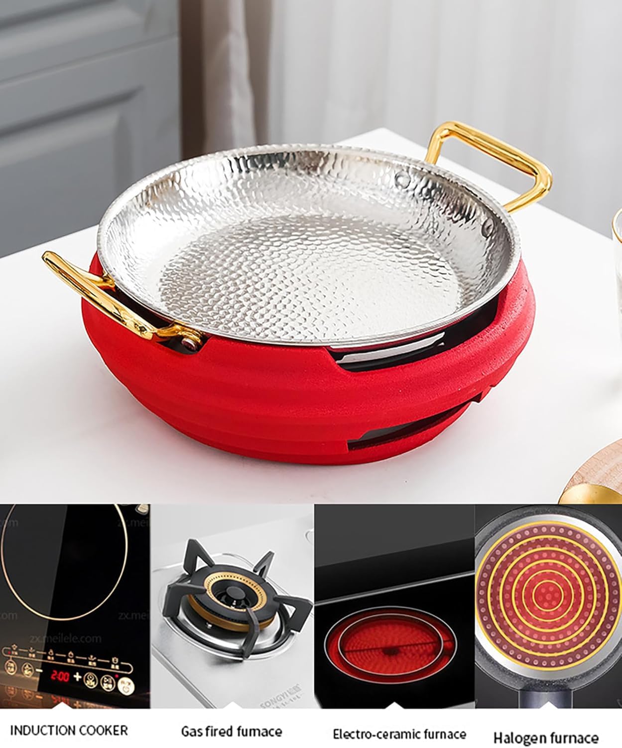 Paellera Española De Doble Asa, Paellera De Hierro Fundido Antiadherente, Sartén De Acero Inoxidable 304 Grueso Antiescaldaduras para Paella, Plato para Aperitivos. Silver 30CM