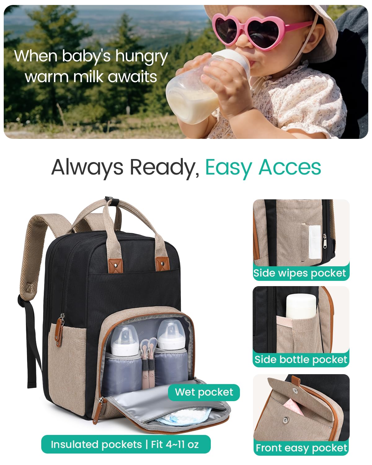 Qualyphant Borsa fasciatoio extra grande per due bambini gemelli – Borsa espandibile (26 – 36 l), due grandi scomparti, incluso fasciatoio e cinghie per passeggino, unisex, nero