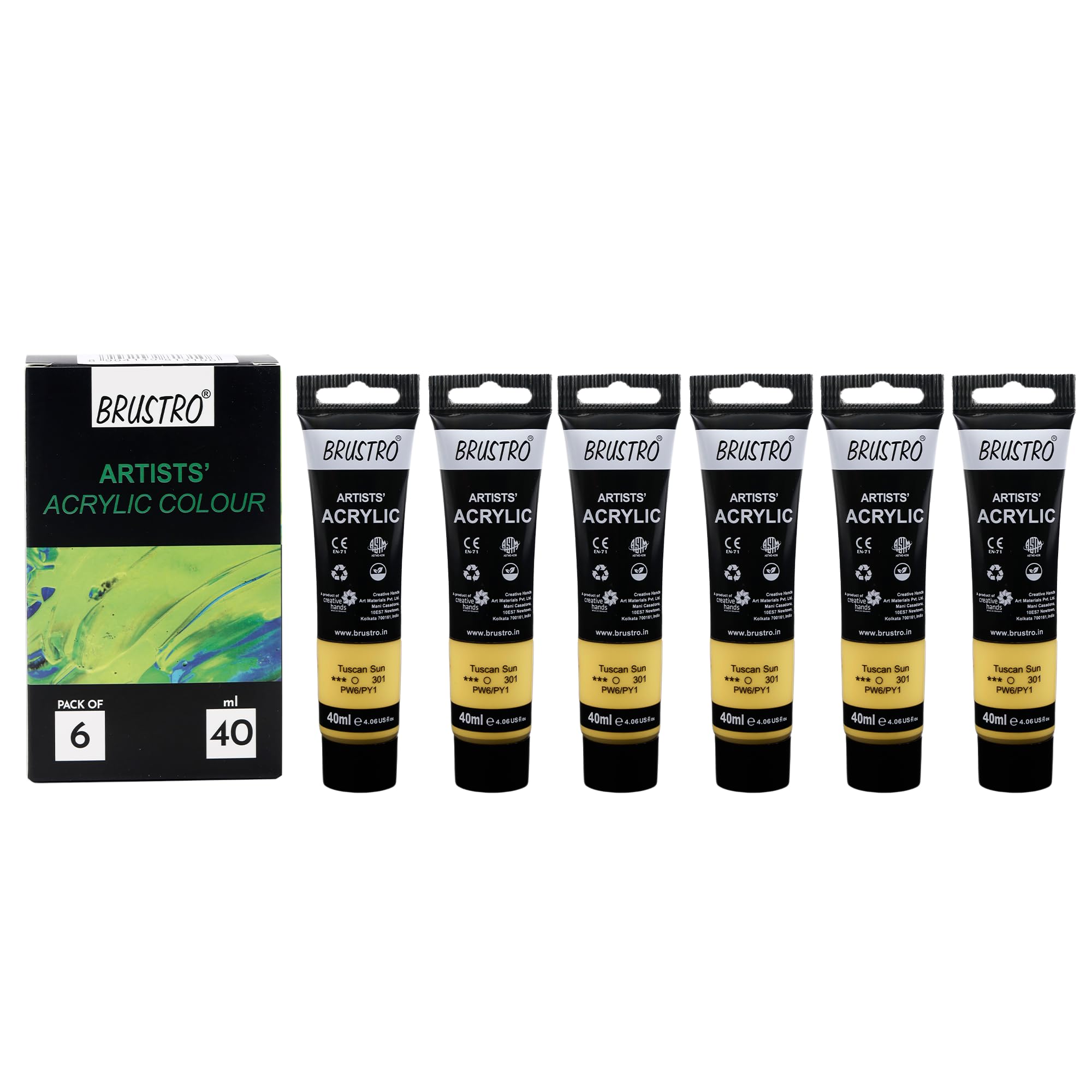 BRUSTRO Pintura acrílica para artistas, 40 ml, sol toscano, tono pastel, paquete de 6 tubos, no tóxica, a base de agua, mezclable, ideal para pintura, efectos texturizados en lienzo, papel