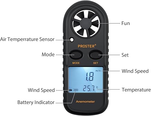 Miniatura 3 de Proster Medidor de velocidad de viento portátil, medidor de viento portátil, termómetro de flujo de aire con retroiluminación LCD para surf, cometa,