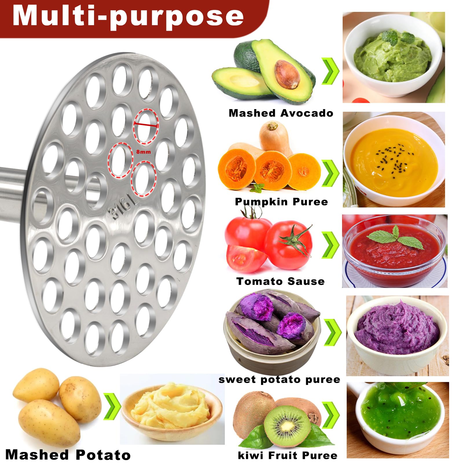 Potatoes Masher, Heavy Duty Potato Masher-316 Stainless Steel - Image 2