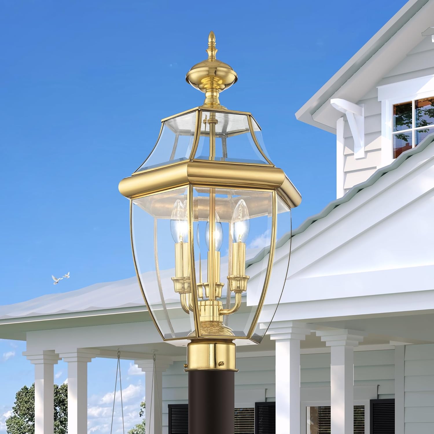 Livex Lighting Lantern 2354-02 Monterey 3 Light Outdoor Polished Brass Finish Solid Brass Post Head with Clear Beveled Glass, 17" x 9" x 11"