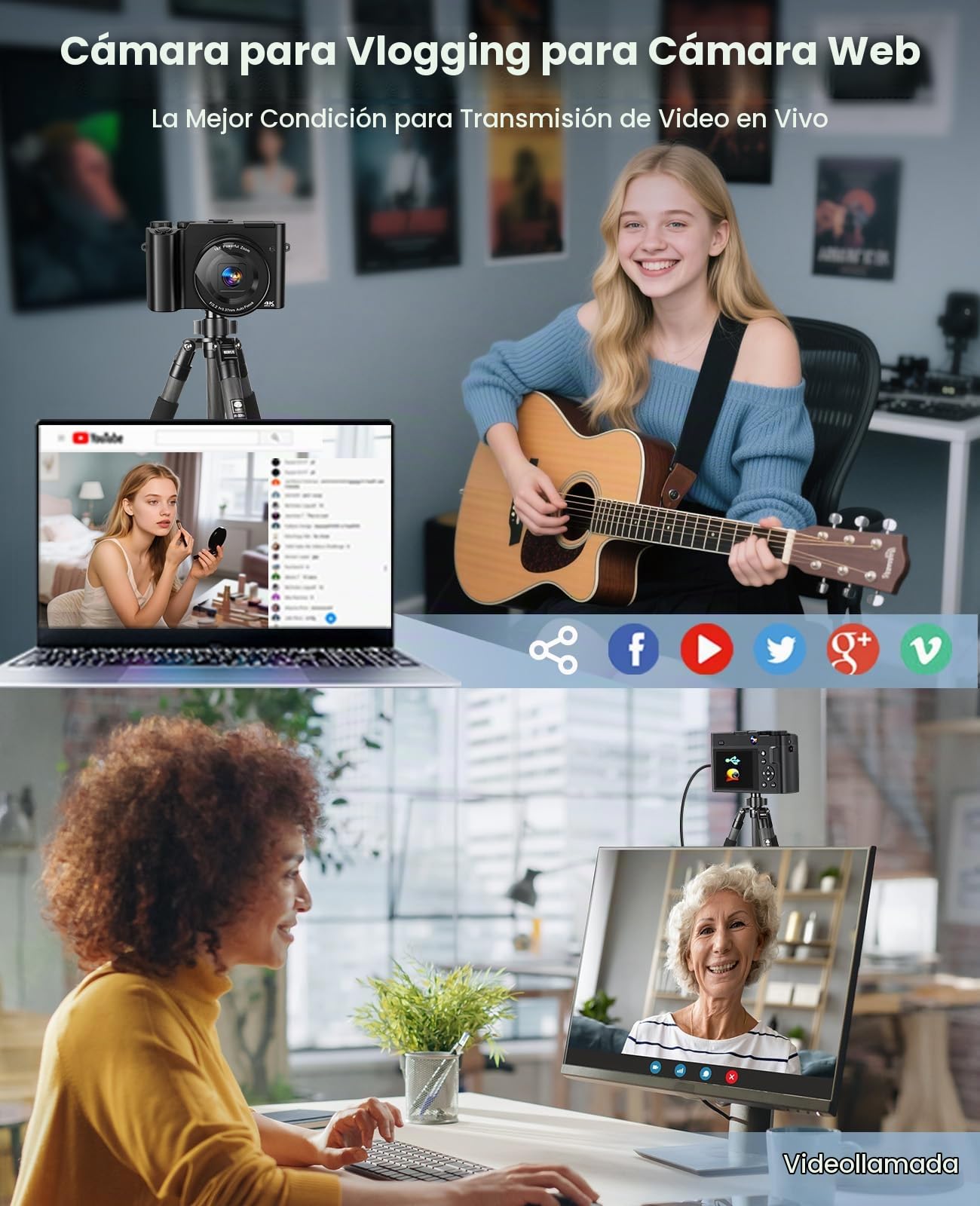 Cámara Digital 4K de 64 MP con Enfoque automático, cámara de vlogging compacta para Fotos y Selfies, con Pantalla LCD de 3 Pulgadas, Zoom de 16x, estabilización de Imagen y Flash, Incluye Tarjeta de