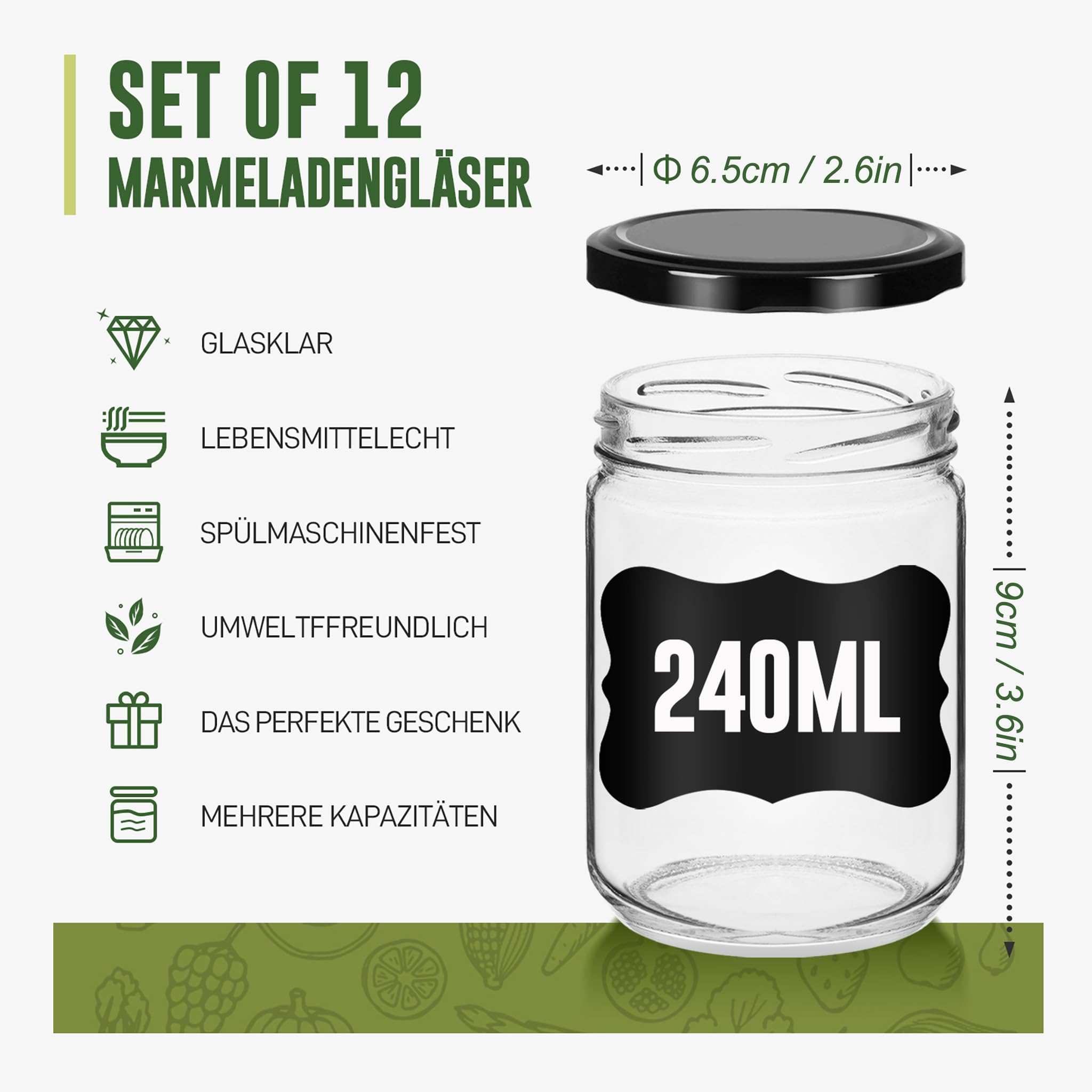 NAIZY Juego de 36 tarros de mermelada de 240 ml con tapa negra