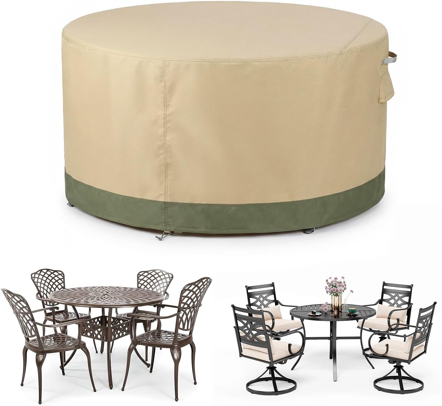 COWVIE Round Patio Dining Set Cover for Outdoor Table and Chairs, 600D Waterproof and UV-Resistant Fabric Patio Furniture Cover with Storage and Air Vent, 62''Dia x 32''H