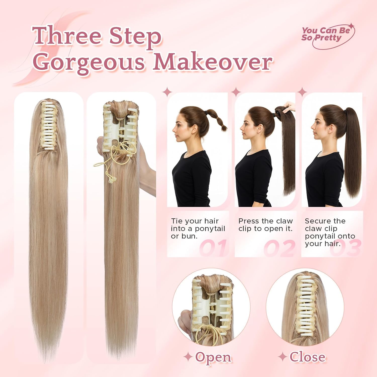SEGO SEGOHAIR Human Hair Claw Clip Ponytail Extension 100% Real Human Hair Clip-In Extensions for Women Long Straight Pony Tails 14 Inches 105g #18P613 Light Blonde mixed Bleach Blonde