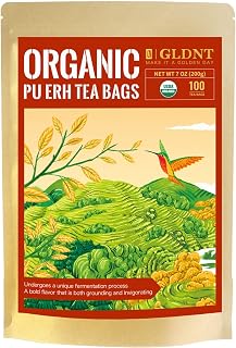 GLDNT Organic Pu-erh Tea Bags, Fermented Yunnan Dark Tea, Bold & Mellow Flavor, Caffeinated, 100 Count
