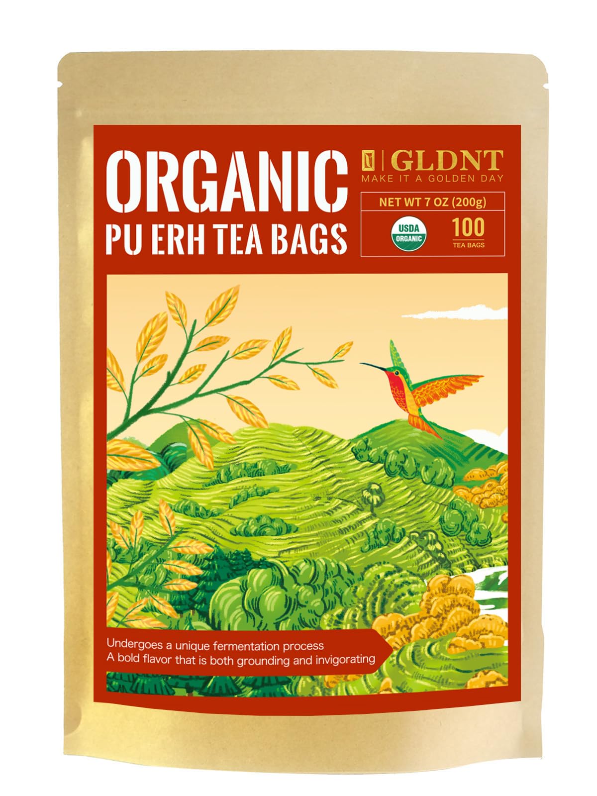 GLDNT Organic Pu-erh Tea Bags, Fermented Yunnan Dark Tea, Bold & Mellow Flavor, Caffeinated, 100 Count