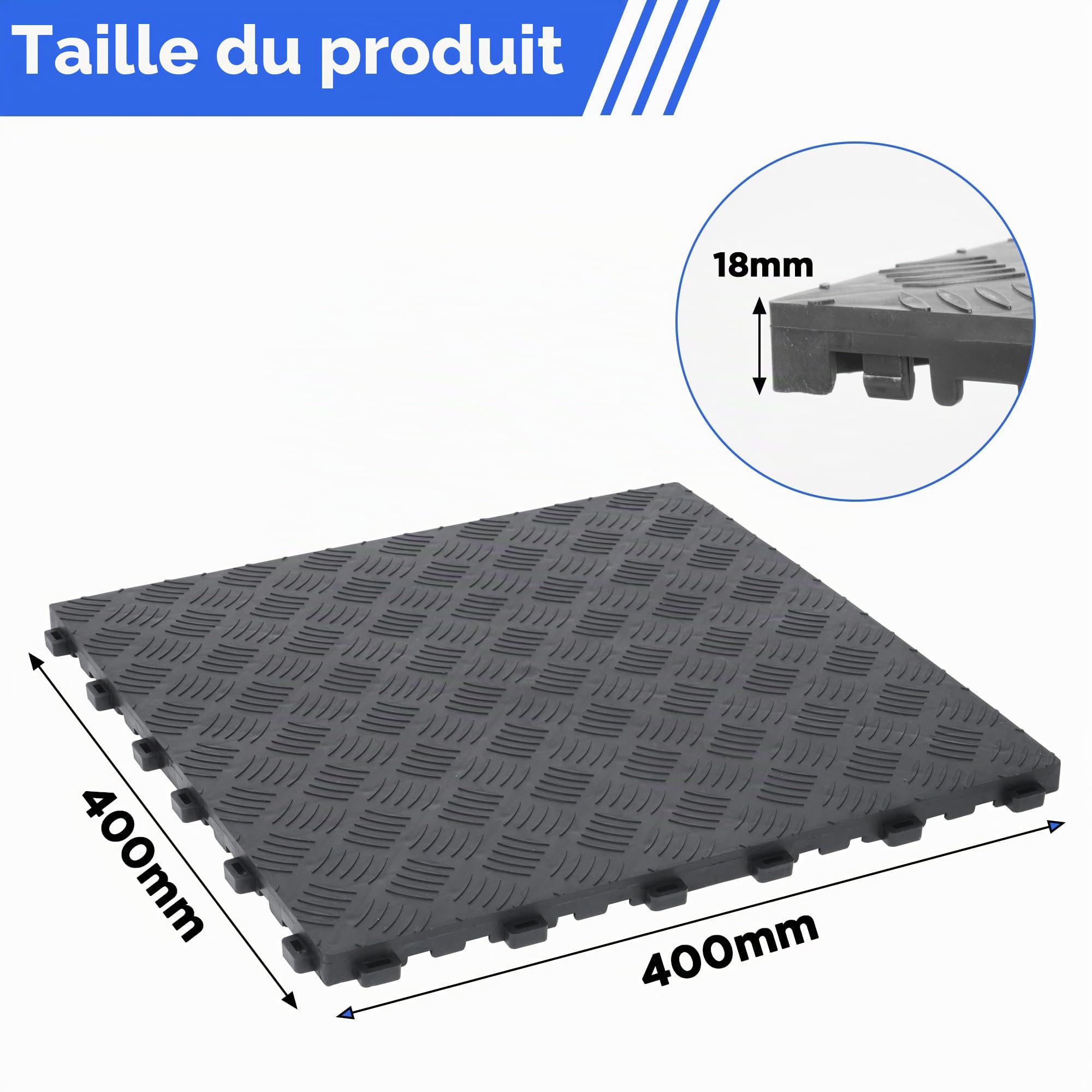 Nisorpa Lot de 20 dalles de sol de garage en PVC - 40 x 40 cm - emboîtables - Antidérapants - Résistants - Pour atelier - 18 mm d'épaisseur - Noir