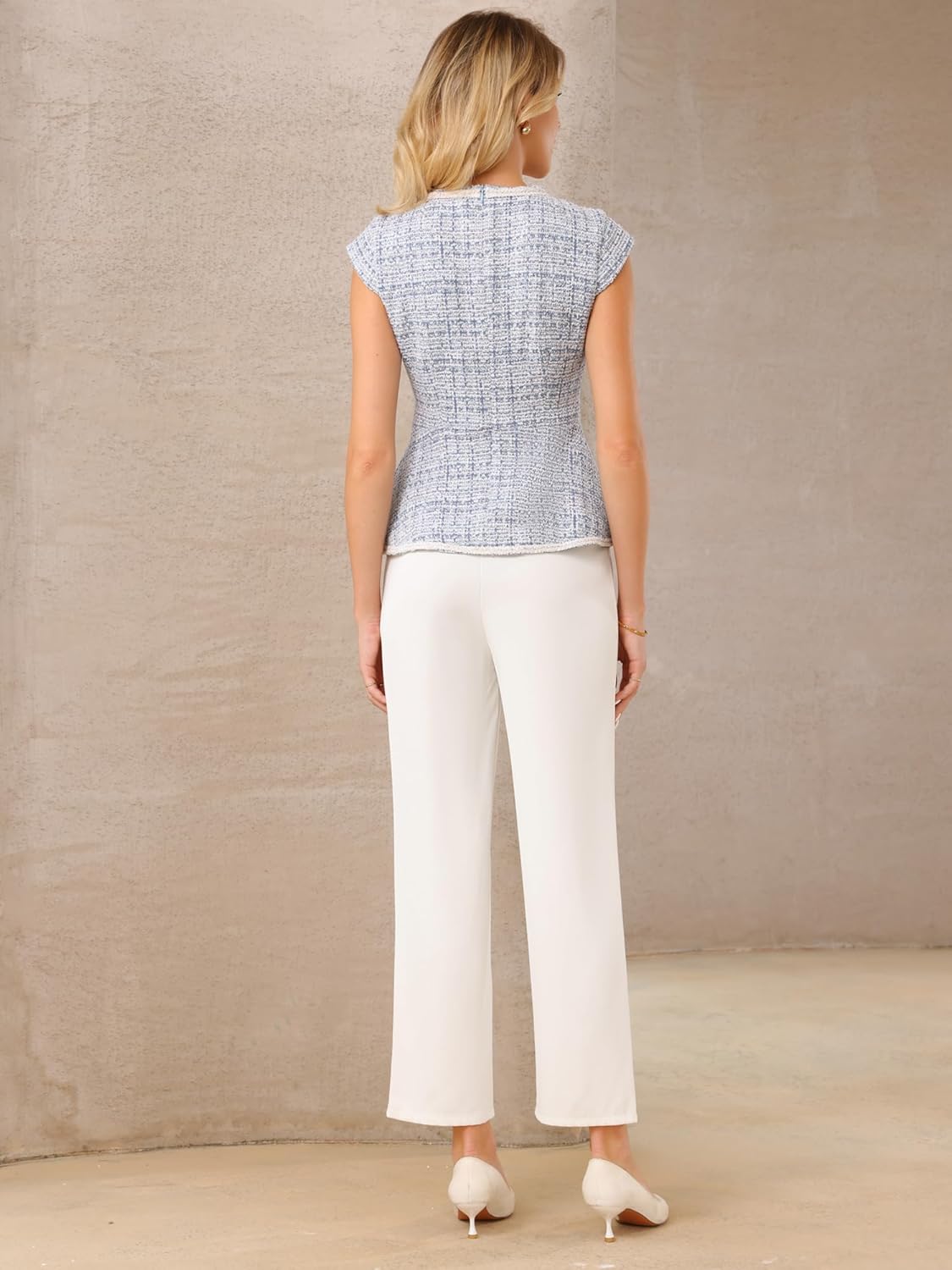 Women's Elegant Tweed Top Crew Neck Cap Sleeve Business Office Peplum Blouse Tops