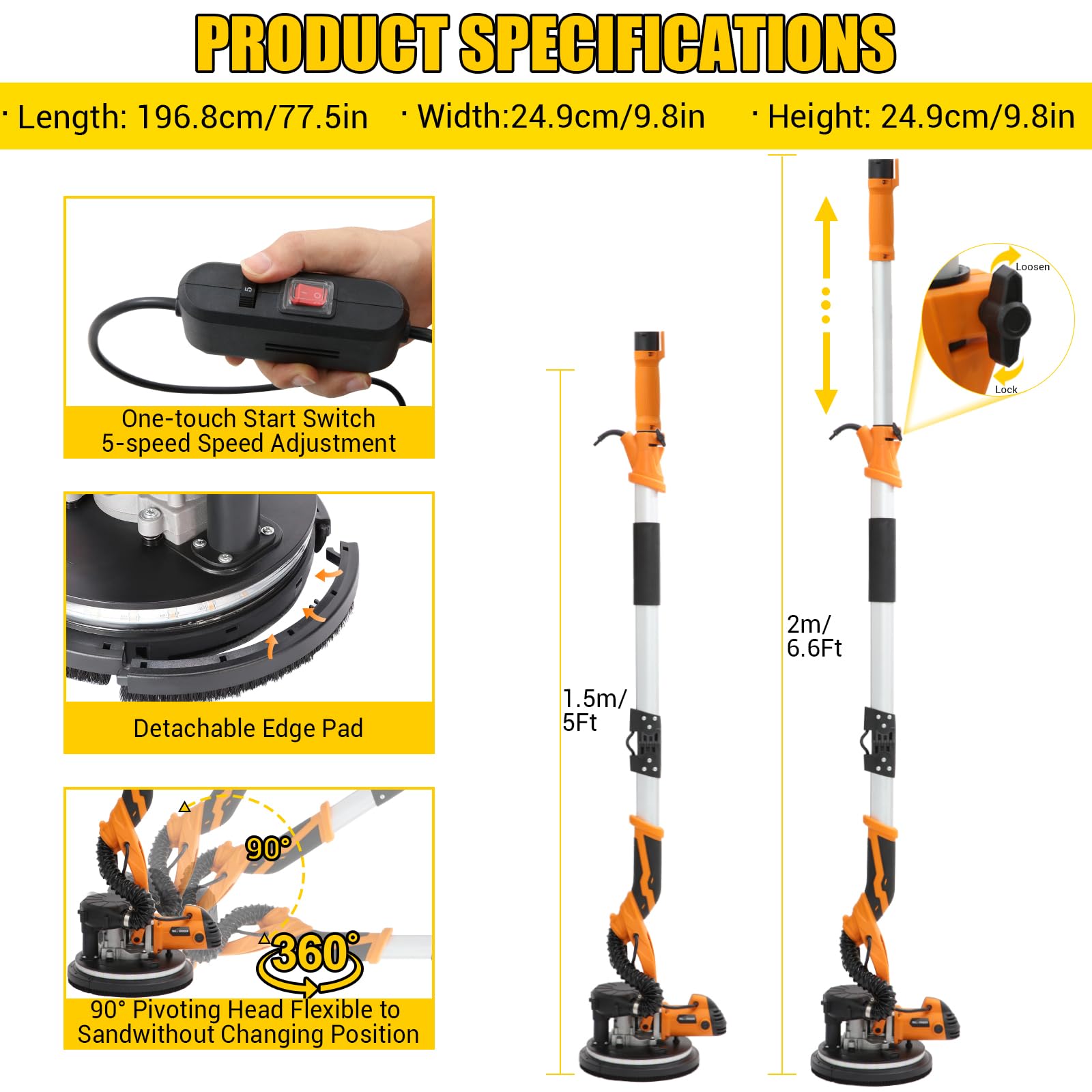 Levigatrice per muro telescopica,1250W Levigatrice Muro con Aspiratore, 5 Velocità Variabili 800-1800 giri/minuto, Impugnatura Estensibile, Luce LED, Tubo per La Polvere Lungo