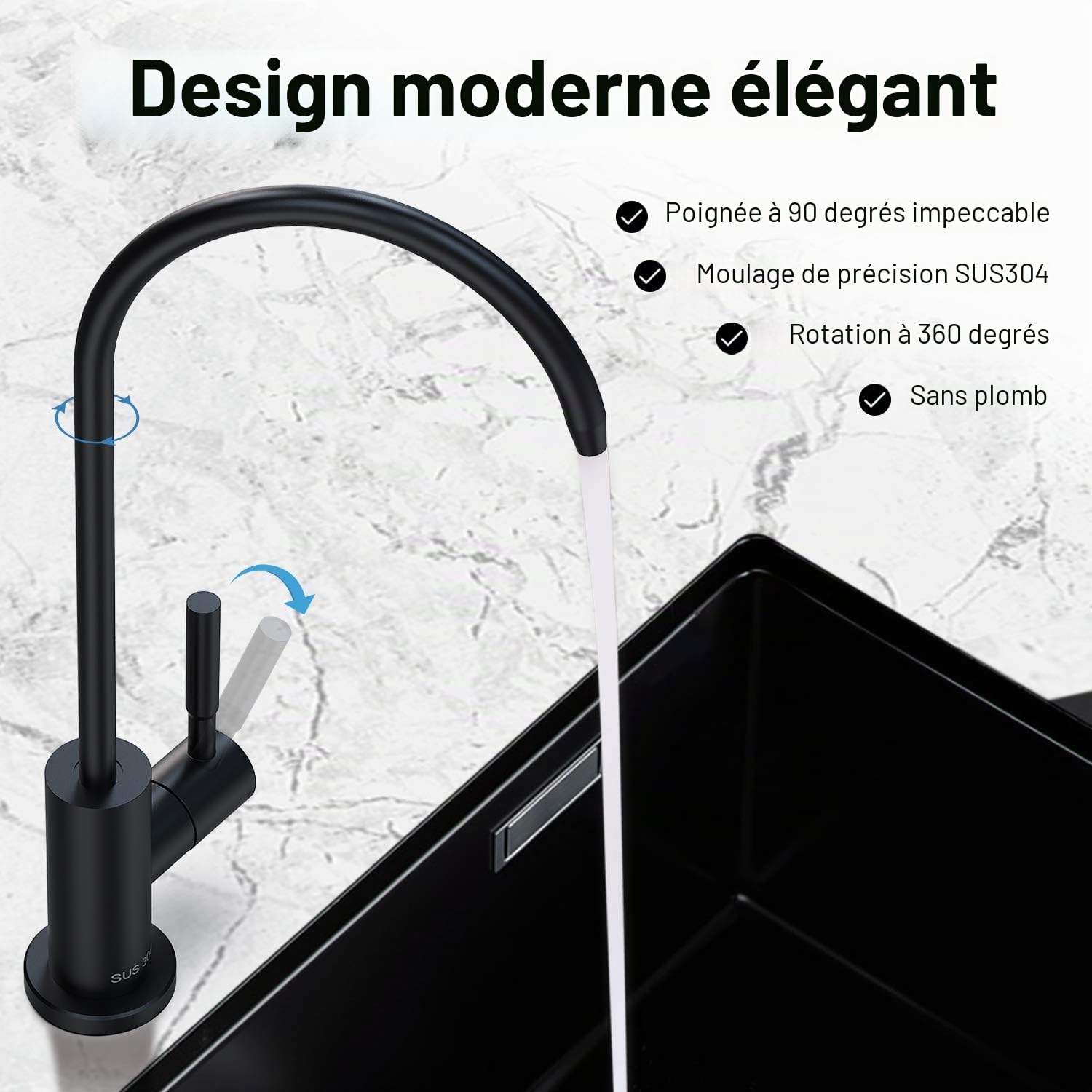 Frizzlife RO Robinet de filtre à eau - Compatible avec la plupart des systèmes d'osmose inverse et de filtration d'eau - Acier inoxydable SUS304 - Noir