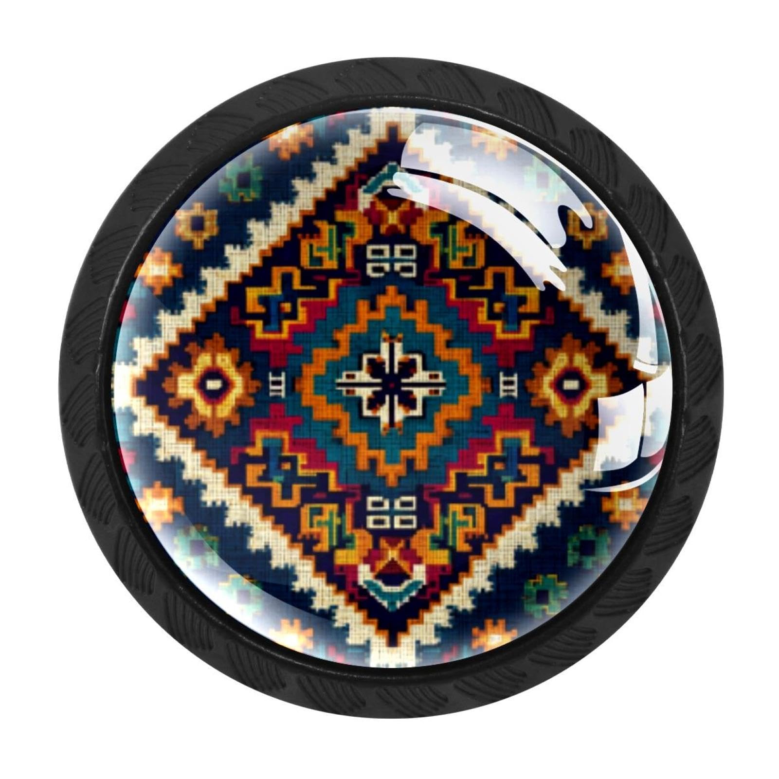 CHENZZZZ 4 Pieces Aztec Tribal Geometric (1) Drawer Knobs, 35mm Black Kitchen Cabinet Knobs, Drawer Pulls and Knobs, Glass Cabinet Hardware Single Hole Knob for Cabinets and Drawers Round