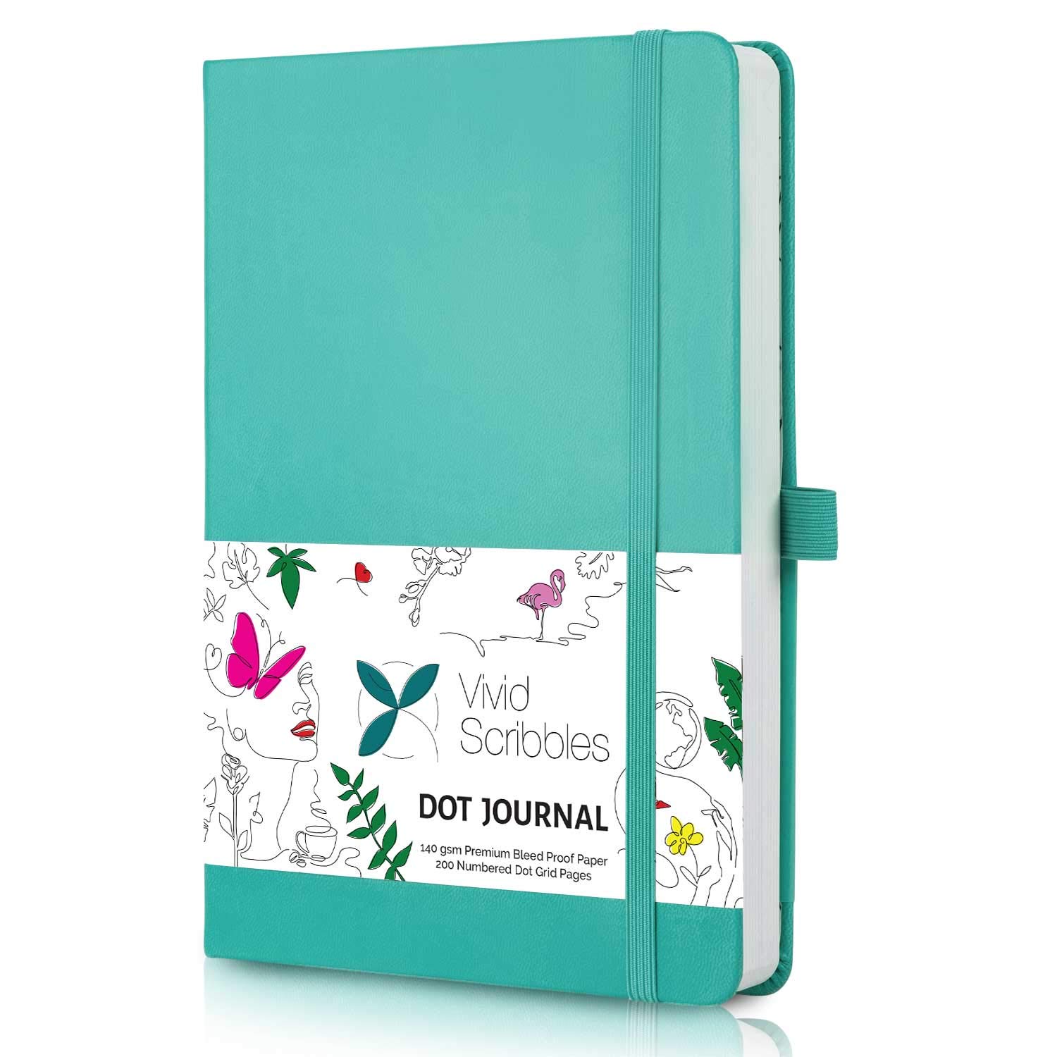 Vivid Scribbles Dotted Journal – 140gsm Bleed Proof Thick White Paper – 200 Numbered Dot Grid Notebook Pages – Lay Flat Binding a5 Dotted Notebook with 3 satin Bookmarks and Expandable Back Pocket