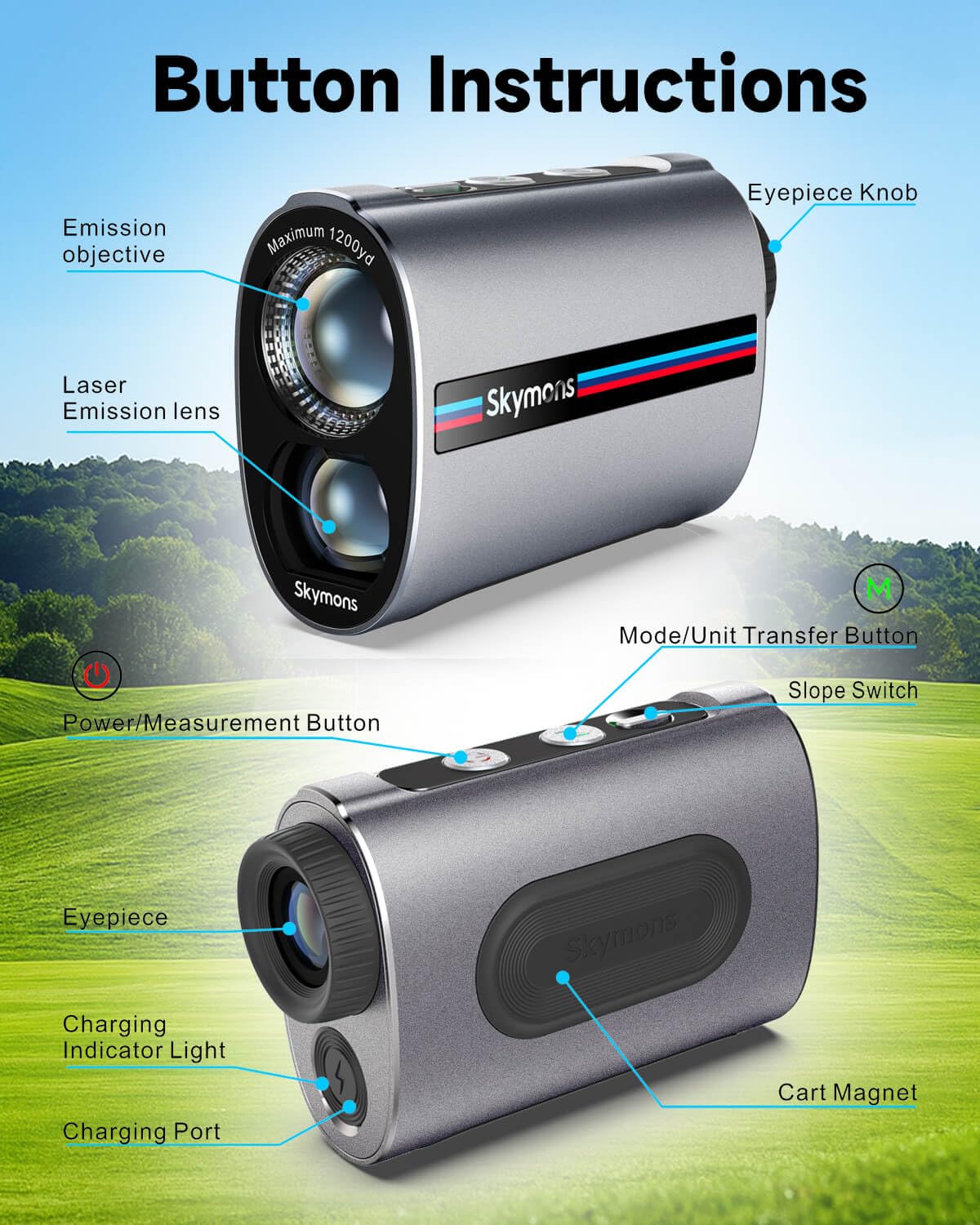Télémètre laser de golf avec pente, télémètre 1200Y, vibration de verrouillage du mât de drapeau de 0,3 s, grossissement 7x, lentille de transmission de 95 %, verrouillage du drapeau avec vibration