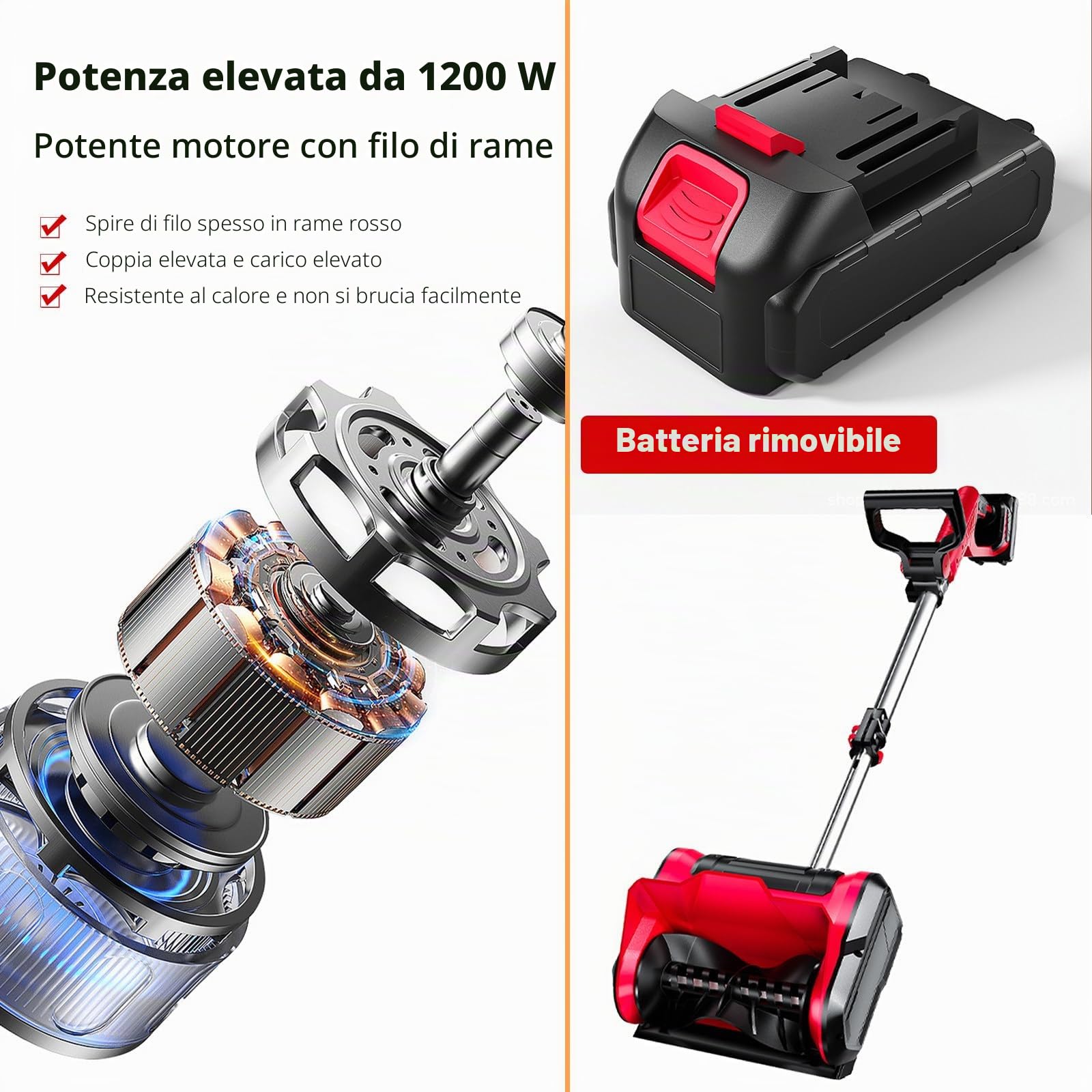 Pala da Neve elettrica, Pala da Neve Leggera e Staccabile per vialetto, Distanza di Lancio 26 Piedi, Pala spazzaneve per vialetto, Batteria da 4,0 Ah + caricabatteria