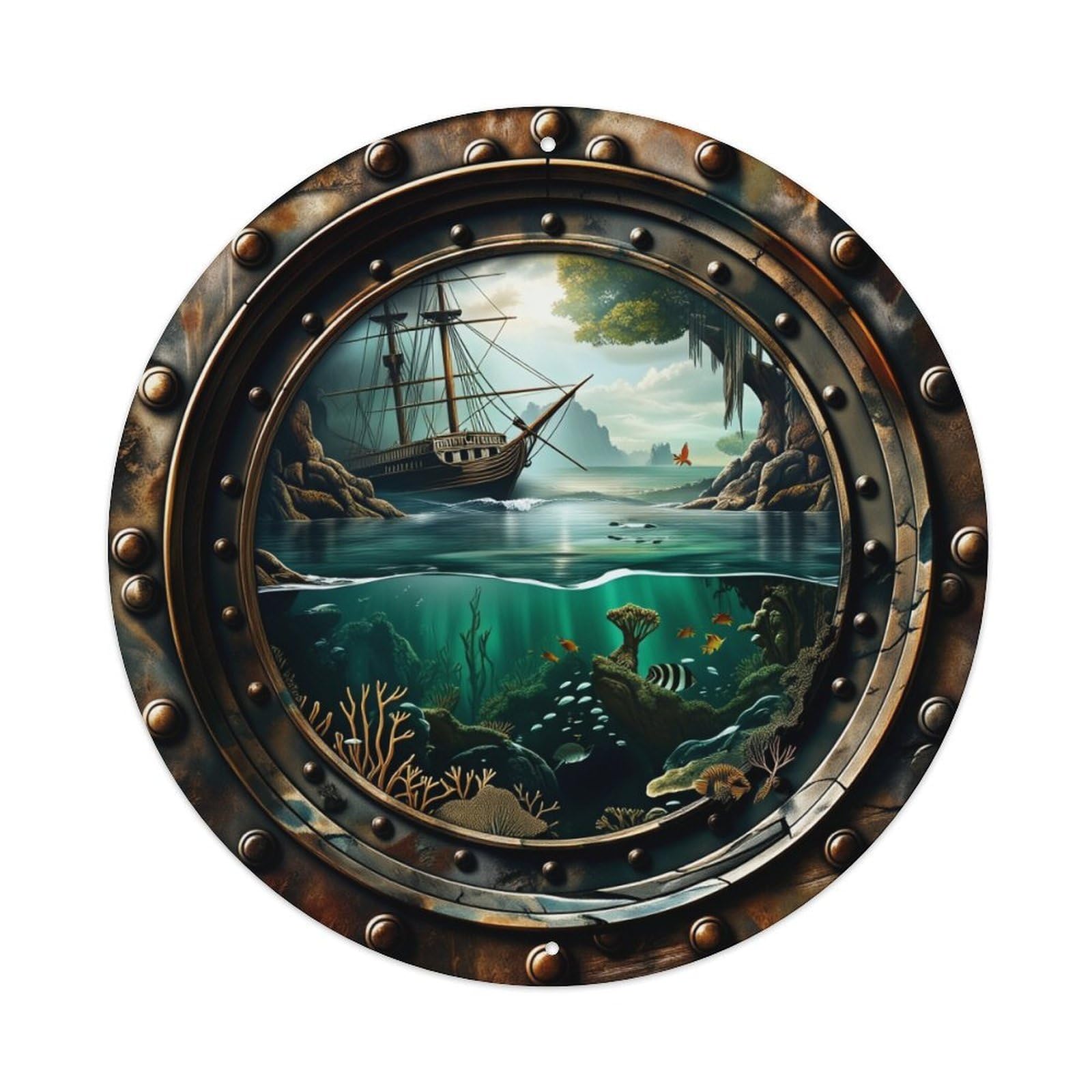 Ship Coral Reef Ocean View Window Round Tin Sign Retro Metal Sign for Cafe Bar Pub Home Game Room Gym Club Wall Decoration Vintage Metal Poster 8x8 Inch