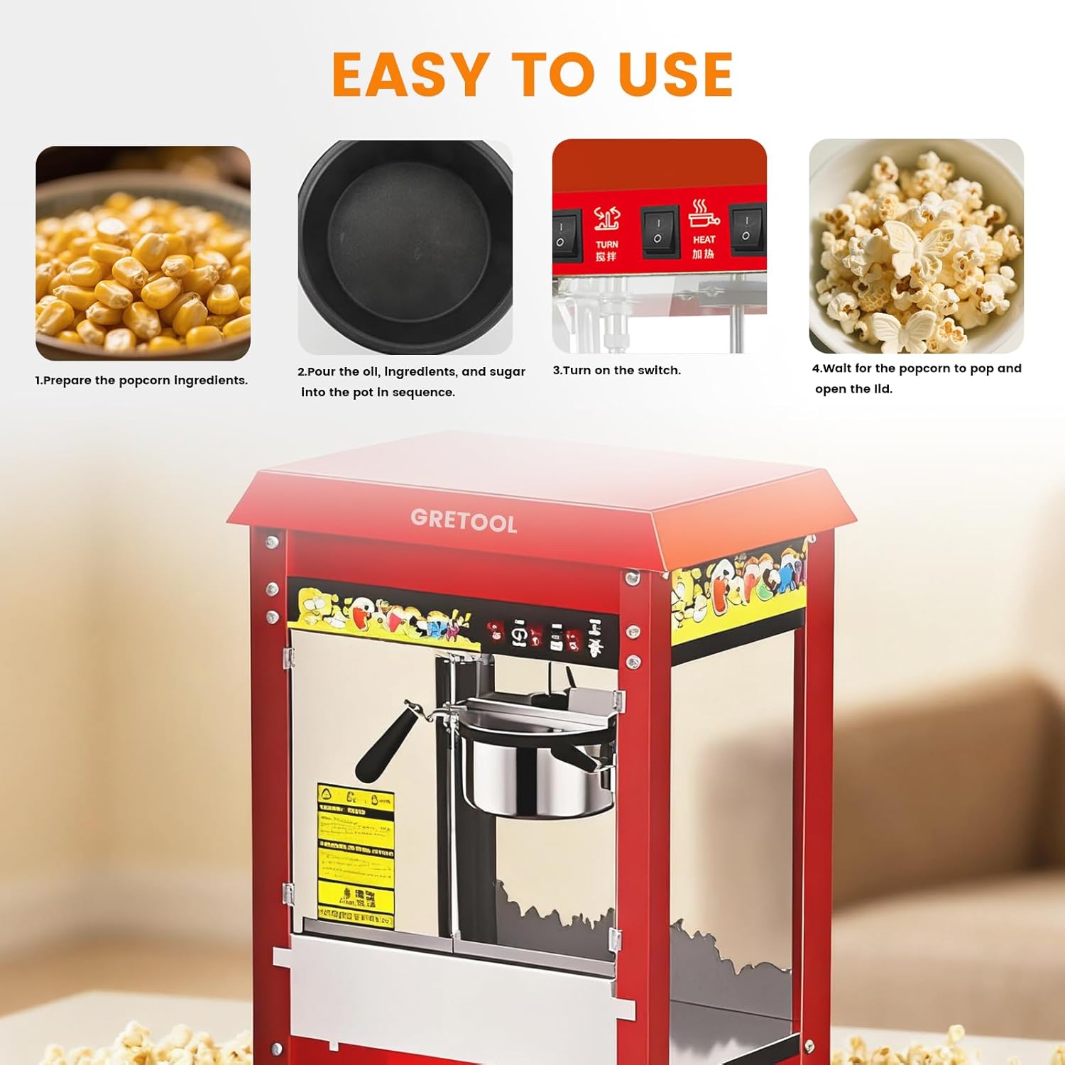 Commercial Popcorn Machine, 8 Ounce Kettle, 1400W, Theater Style, Family Style, With 3 Wwitch Controls, Steel Frame Tempered Glass Door, 1 Spoon, Red