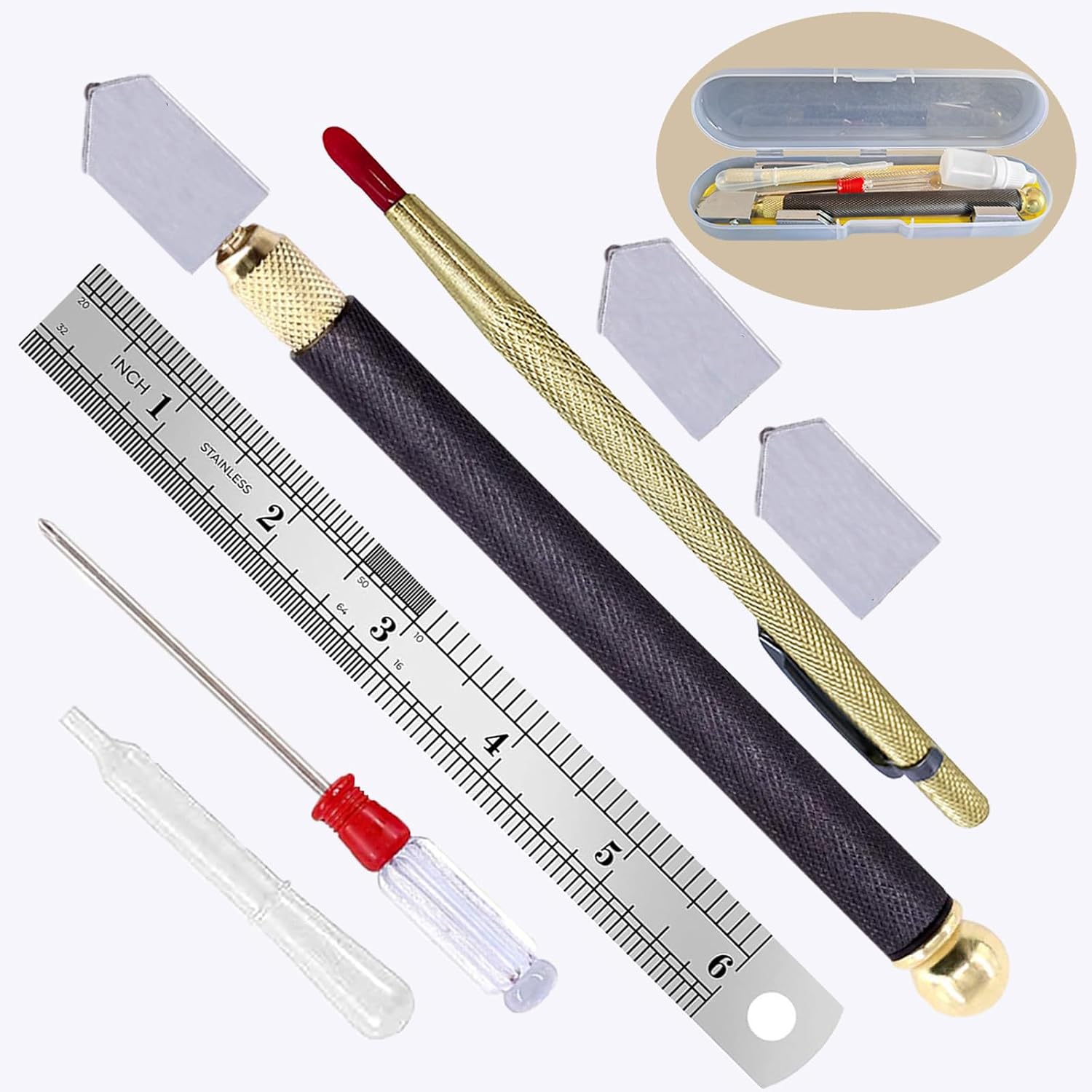Glass Cutter 3mm-14mm, Glass Cutting Tool with Glass Cutting Oil, Carbide Tip Scriber，Pencil Style Oil Feed Carbide Tip Glass Cutter for Mirror/Tiles/Mosaic.