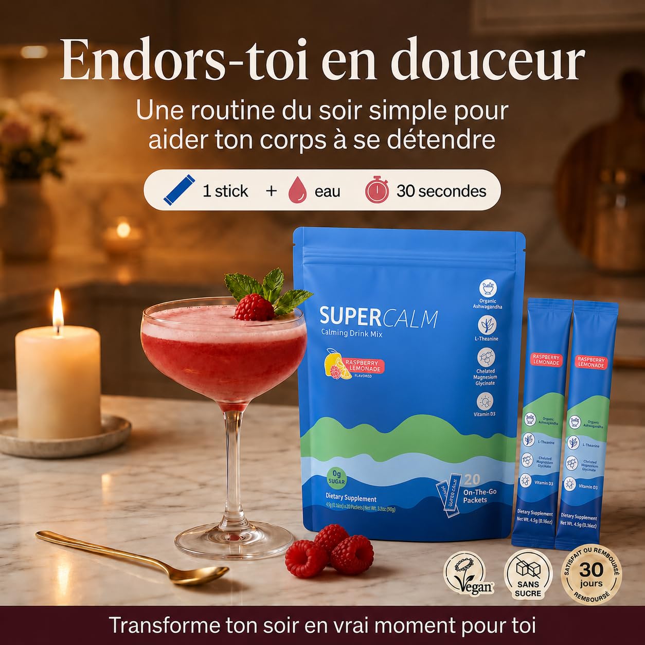 SuperCalm Cortisol Anti Stress | Formule Ashwagandha, L-Theanine + Magnésium Glycinate & Vitamine D3 | Apaise le stress quotidien | 0 Sucre Goût Framboise 100% naturel | Routine simple et agréable