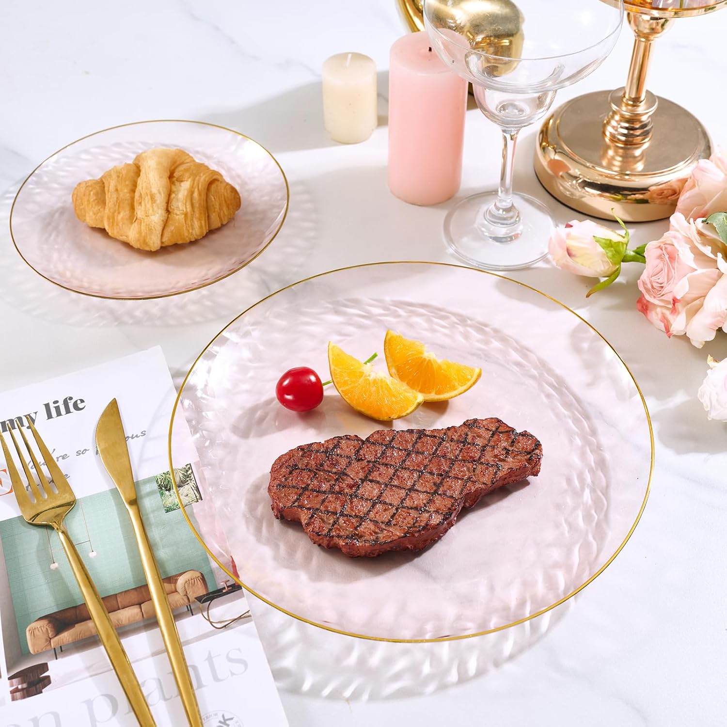 FOCUSLINE 60Pcs Clear Plastic Plates, Pink Disposable Plates with Gold Rim, 30 7" Salad Dessert Plate and 30 10" Dinner Plate Heavy-duty Hammered Plates for Party, Wedding - Image 9
