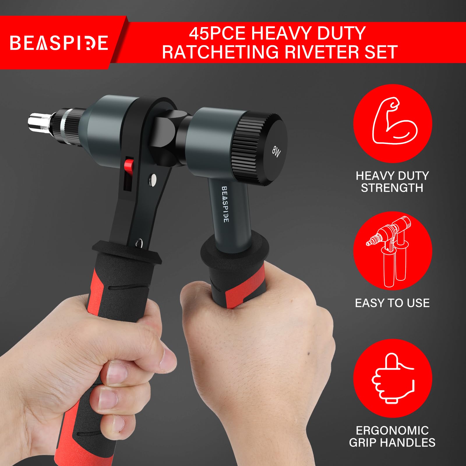 Beaspire Nietmutternzange Set, Profi Nietmutternratsche mit 4 Dornaufsätzen (M4 M5 M6 M8) und 40 Nietmuttern, Einnietmutternzange für Metallbearbeitung, Reparatur und Montage
