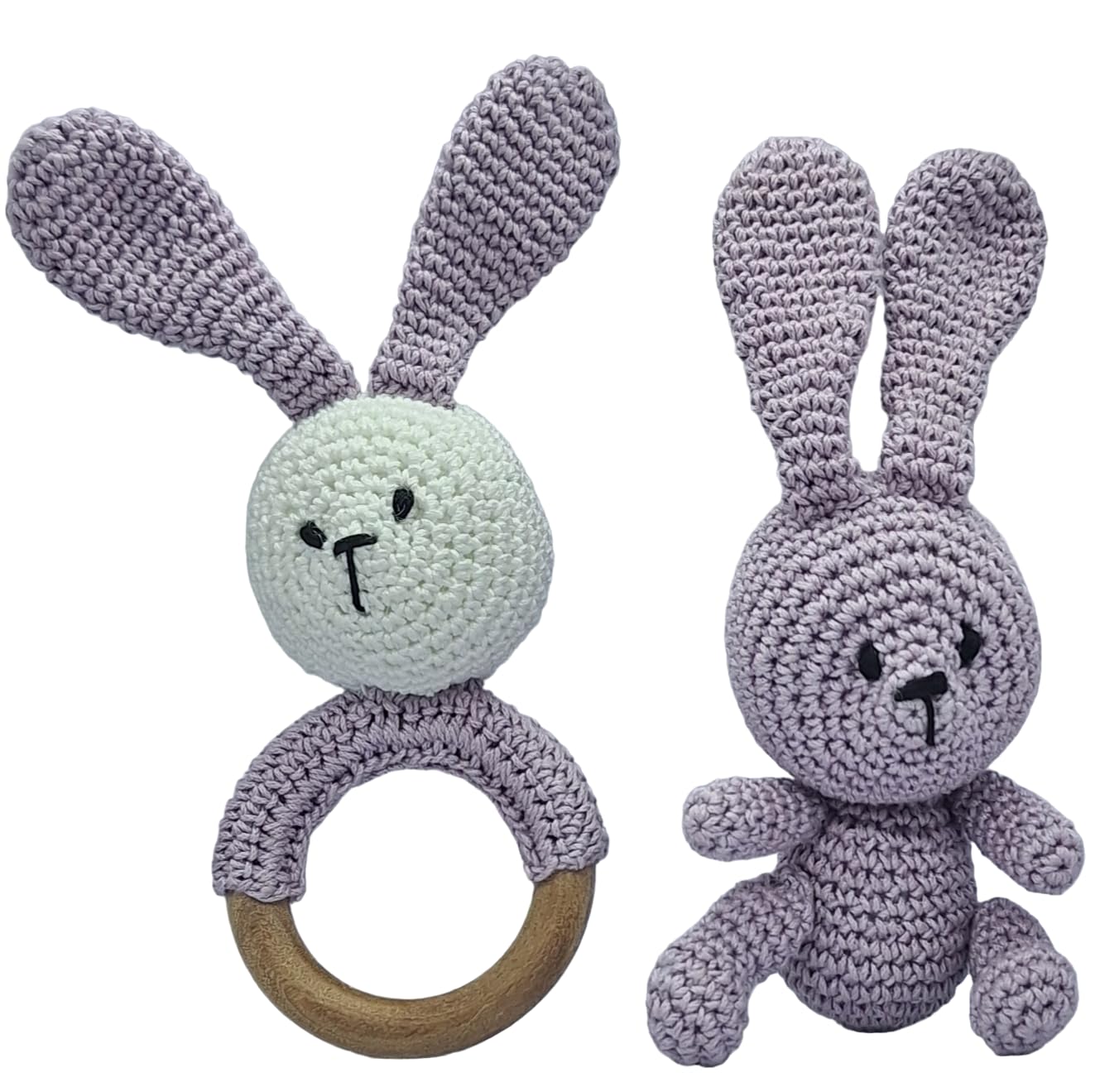 Knitted Baby Toys 2PC Crochet Classy Long Ears Rabbit TEETHER & Plush Rabbit Soft Toy/Rattle Ring for New Born Kids/Stuffed Soft Toy/Music Shaker Rattle/Handmade Toys for Gift (Mouve & White) (B0D4DNC71R) Amazon Price History, Amazon Price Tracker