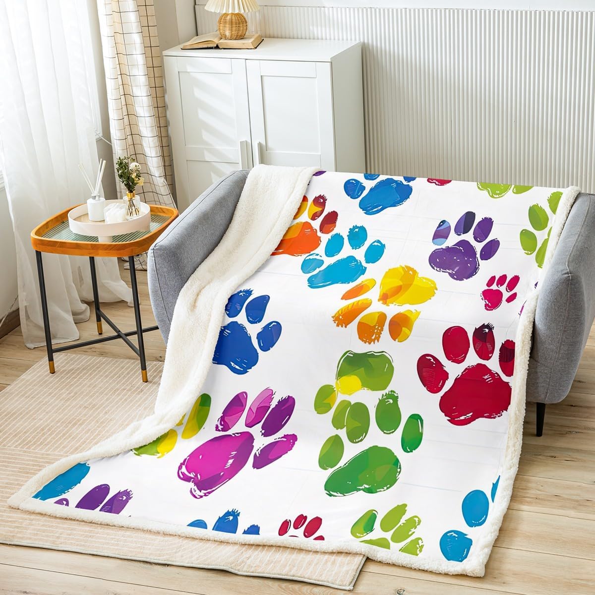 Feelyou Dog Paw Print Fleece Throw Blanket for Bed Sofa Couch Kids Twin 60"x80" Puppy Pets Animal Themed Plush Blanket Animal Sherpa Blanket Cartoon Fuzzy Blanket Colorful Flannal Blanket
