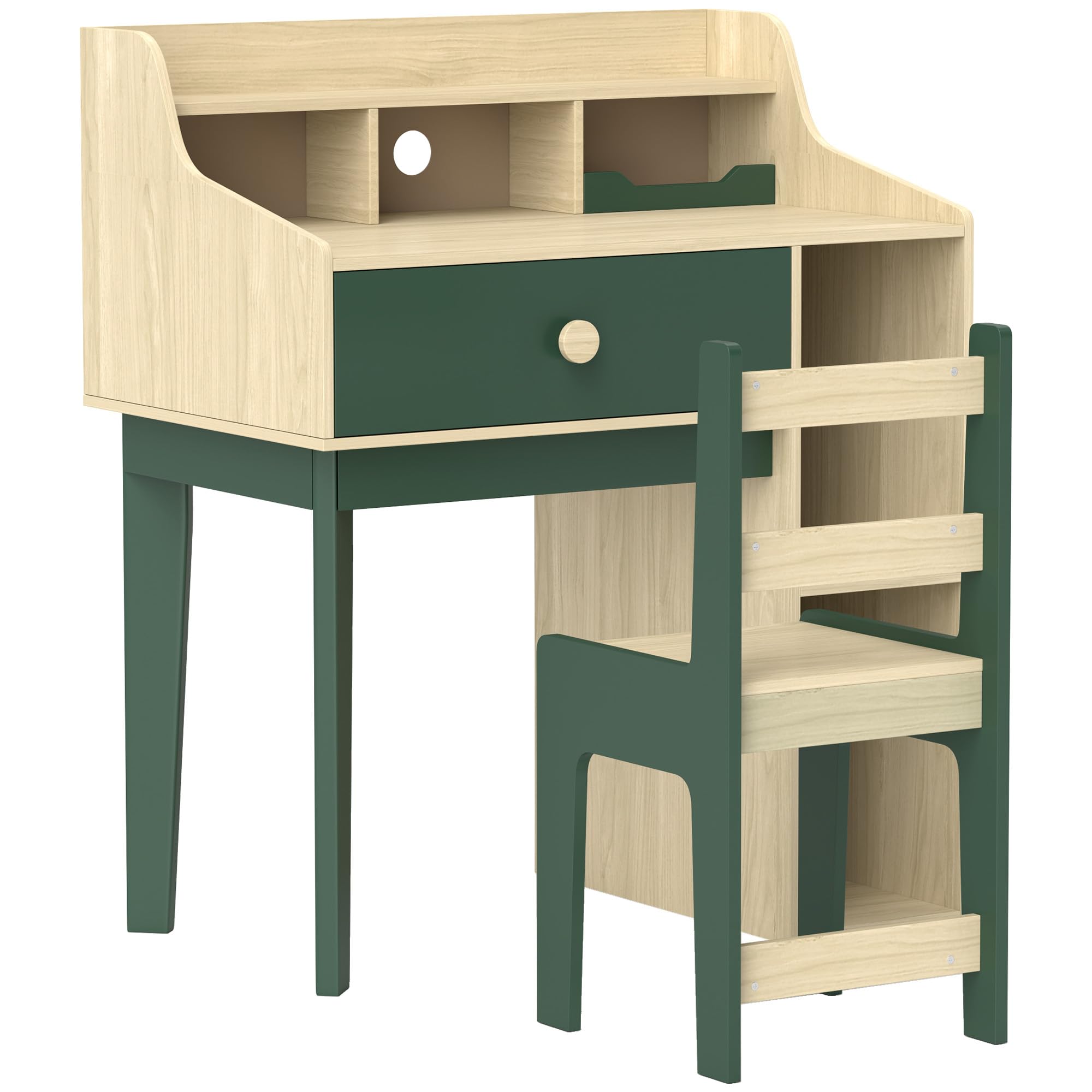 AIYAPLAY Ensemble Bureau et Chaise pour Enfant 3 à 10 Ans, Bureau Enfant Garçon Fille avec Chaise et Étagères, Table pour Étude et Travail, Vert et Bois Naturel
