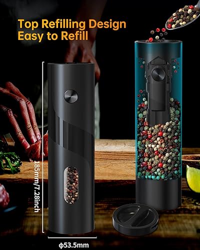 Miniatura 9 de CIRCLE JOY Gravity - Juego de molinillo eléctrico de sal y pimienta recargable con base de carga doble, cubierta a prueba de polvo, cepillo, luz