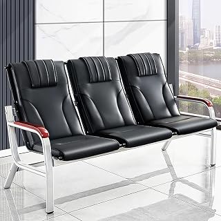 3Seat Pu Leather Office Reception Bench with Backrest & Solid Wood Armrestsstylish Waiting Room Sofa Chairs for Salon Barber Airport Bank and Guest Areas,
