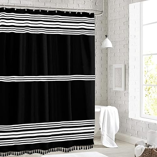 Miniatura 6 de Seasonwood Cortina de ducha beige y blanca con borlas, 72 x 72 pulgadas, cortinas de ducha neutras para baño, cortina de ducha moderna a rayas