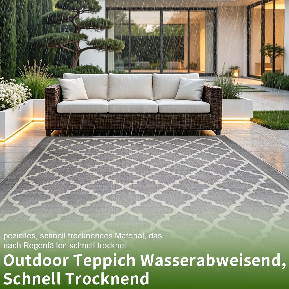 Outdoor Teppich Wetterfest 160x230 cm, Frühling Camping Teppich, Wasserdicht Balkon Terrasse Matte Rug Carpet für Garten Patio RV Picknick, Rug UV-Beständig Waschbar Tragbar, Graue Gitter
