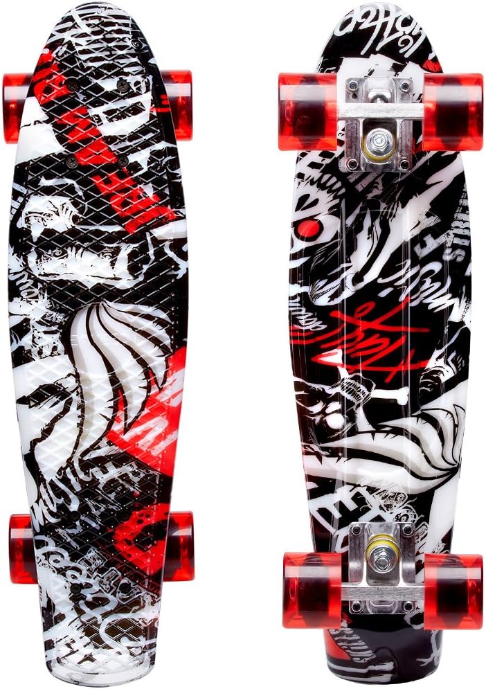 Skateboards - ENKEEO 22 Inches Skateboard Complete Cruiser Plastic Banana Board with Bendable Deck and Smooth PU Casters for Kids Boys Youths Beginners, 220 Ibs.