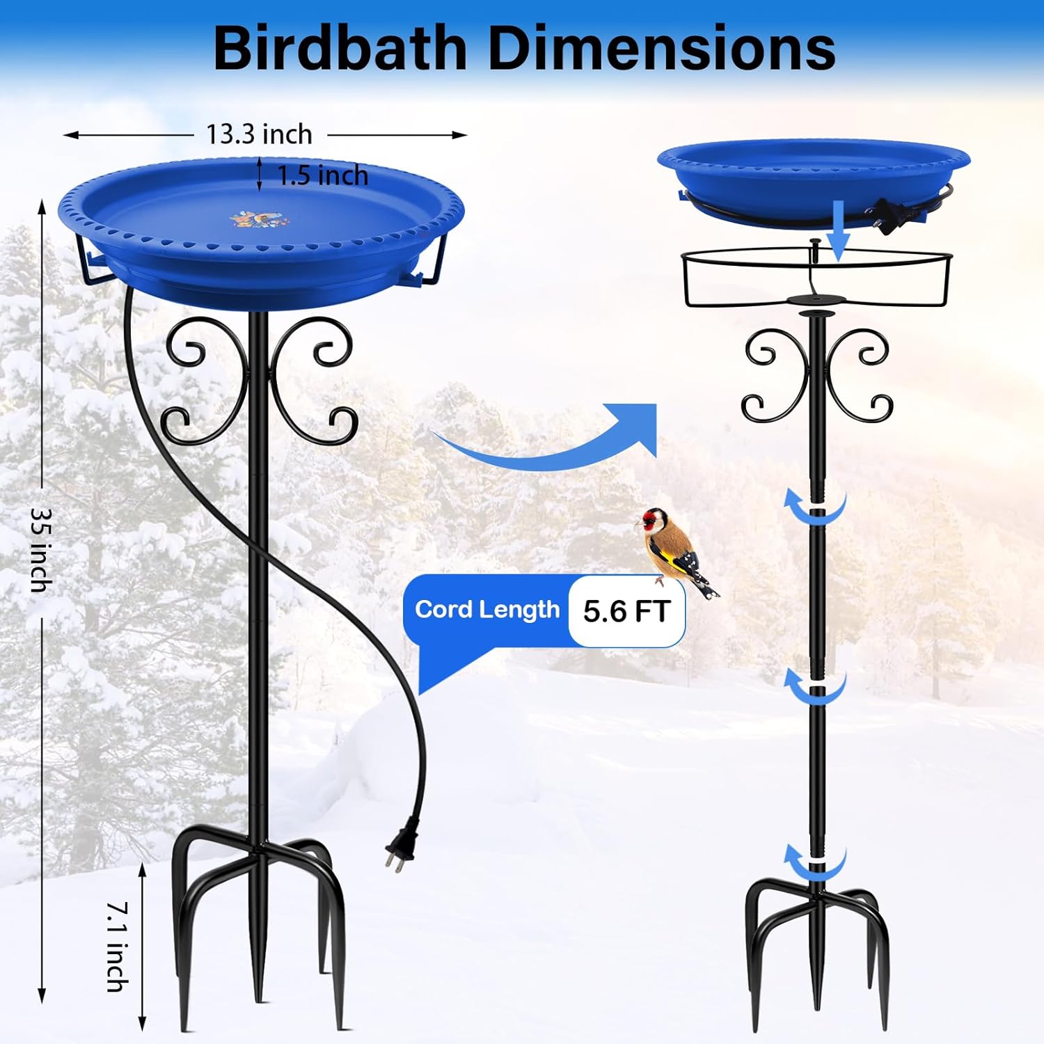 Daoeny Heated Bird Bath for Winter, Upgraded 100W Heated Bird Baths for Outdoors Thermostat Control with 5-Prong Metal Base, Heated Bird Bath for Outside Winter Garden Patio Yard Lawn (Blue)